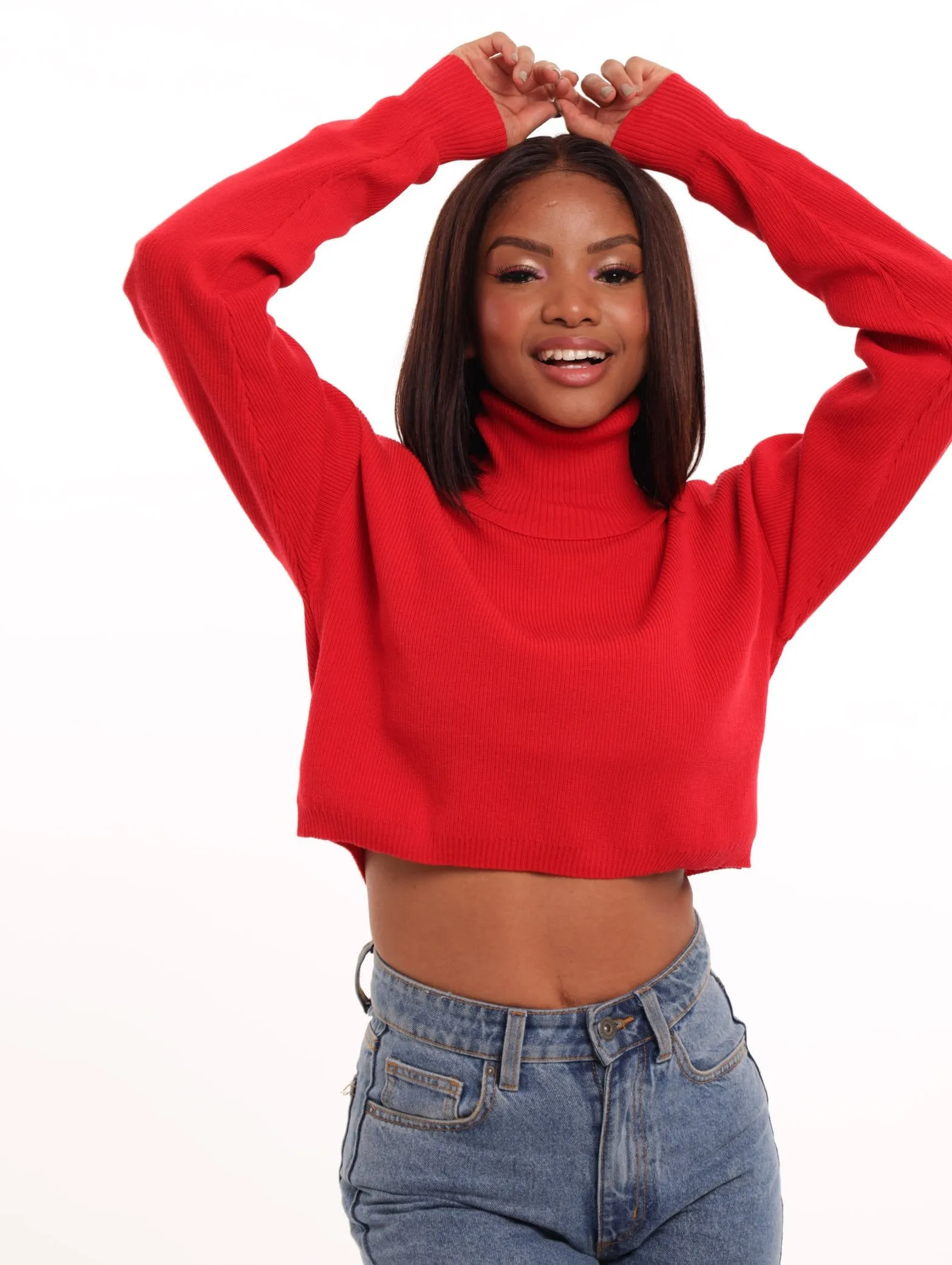 Ladies Boxy Turtle Neck Bell Sleeve Knitwear Top - Red sold by Edgars