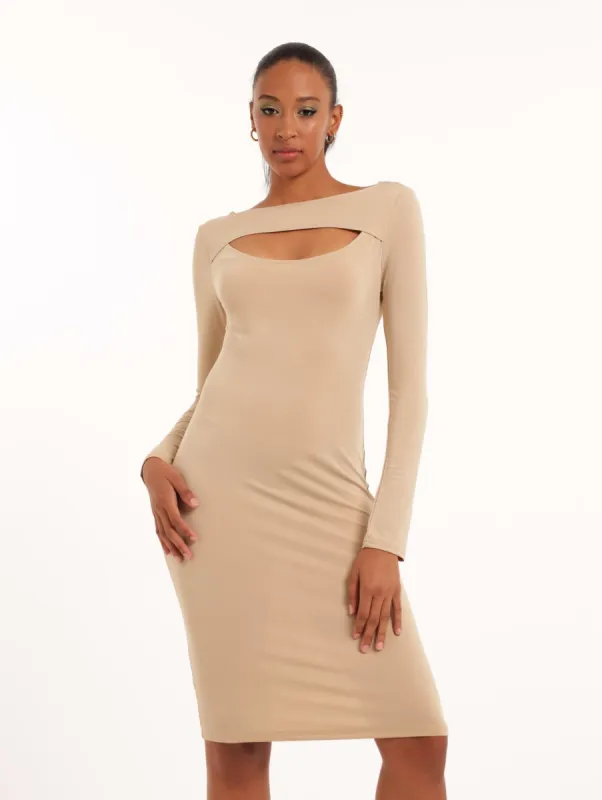 Ladies Long Sleeve Cut Out Detail Dress - Beige sold by Edgars