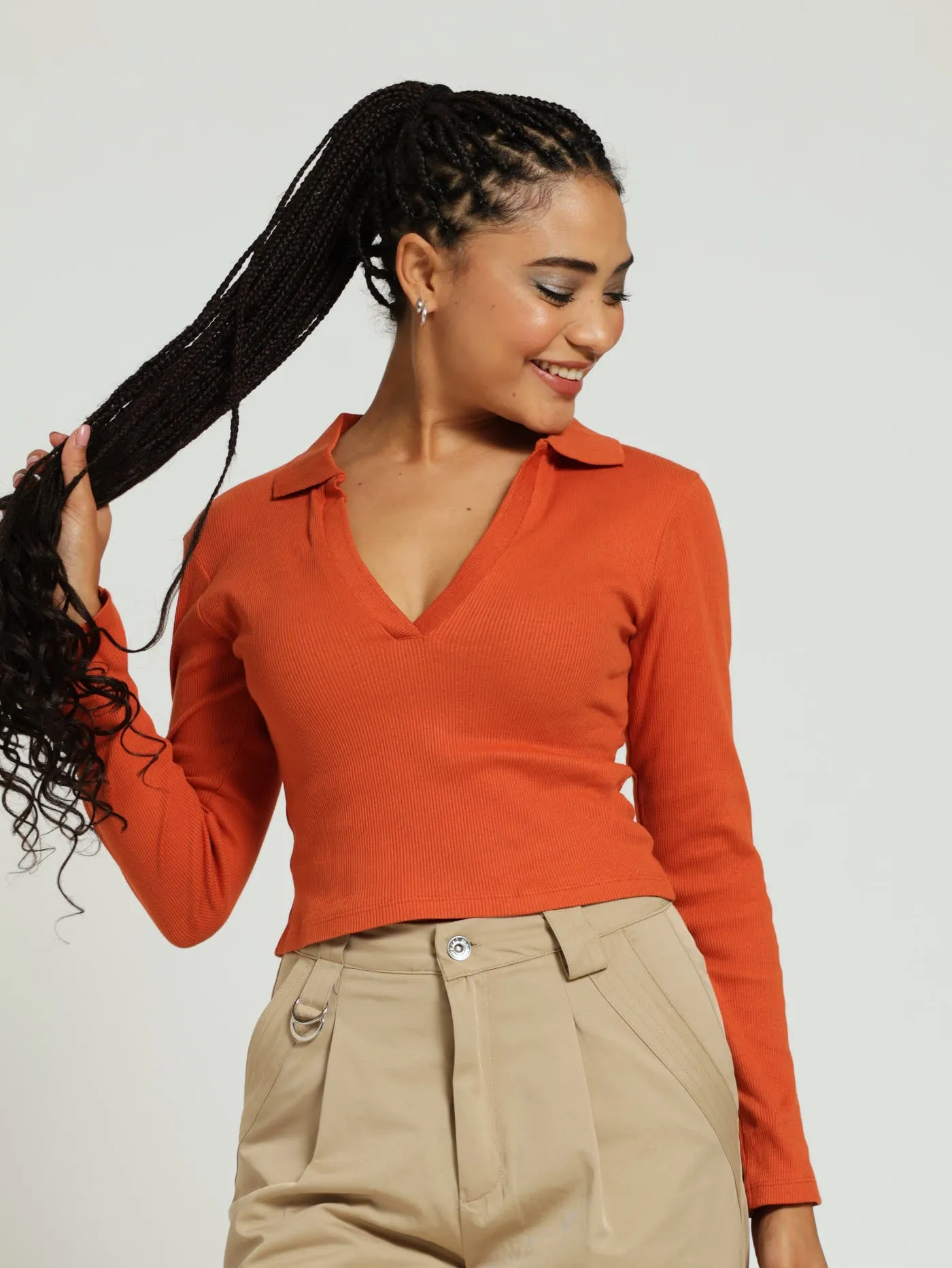 Long Sleeve Collar Basic Top - Rust sold by Edgars