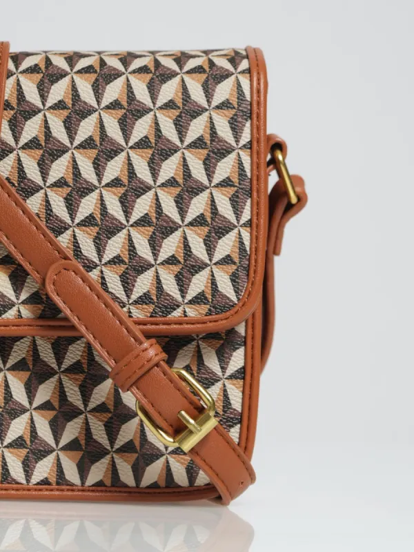 Monogram Print Front Tab Satchel - Chocolate sold by Edgars