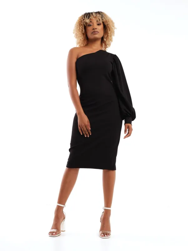 Ladies One Shoulder Cuffed Sleeve Bodycon Dress - Black sold by Edgars