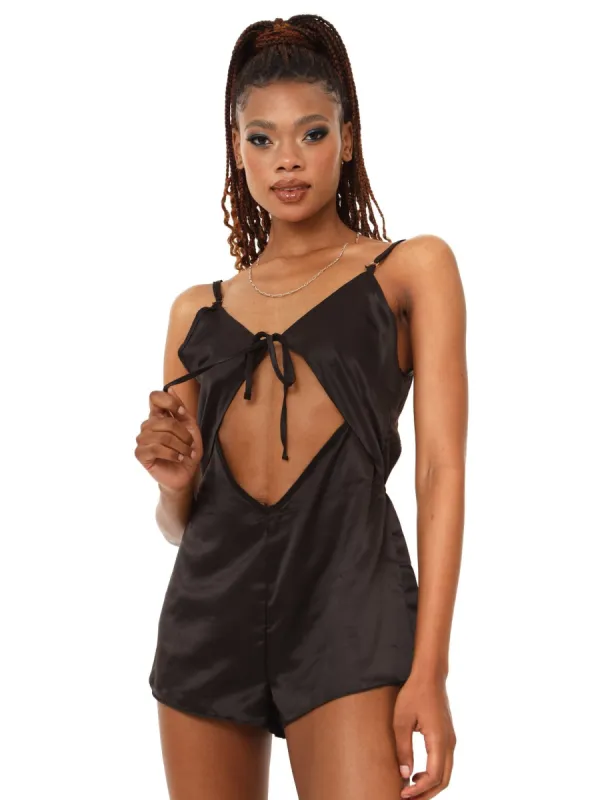 Ladies Keyhole Tie Up Teddy Sleepwear - Black sold by Edgars