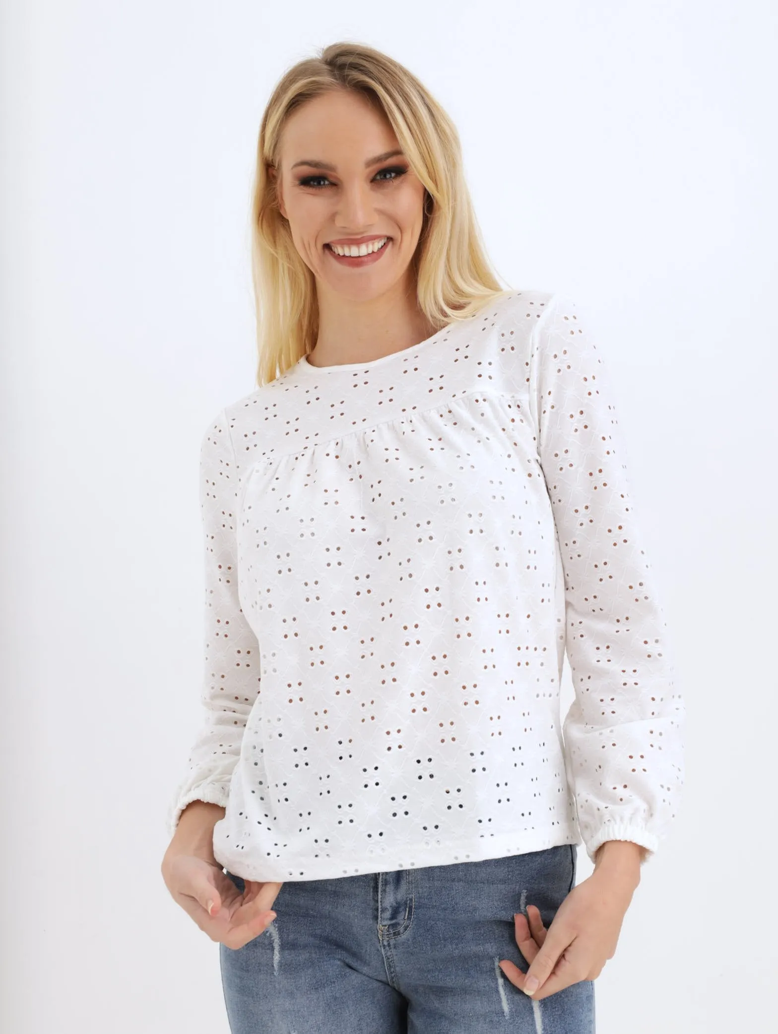 Ladies Long Sleeve Broderie Top - White sold by Edgars
