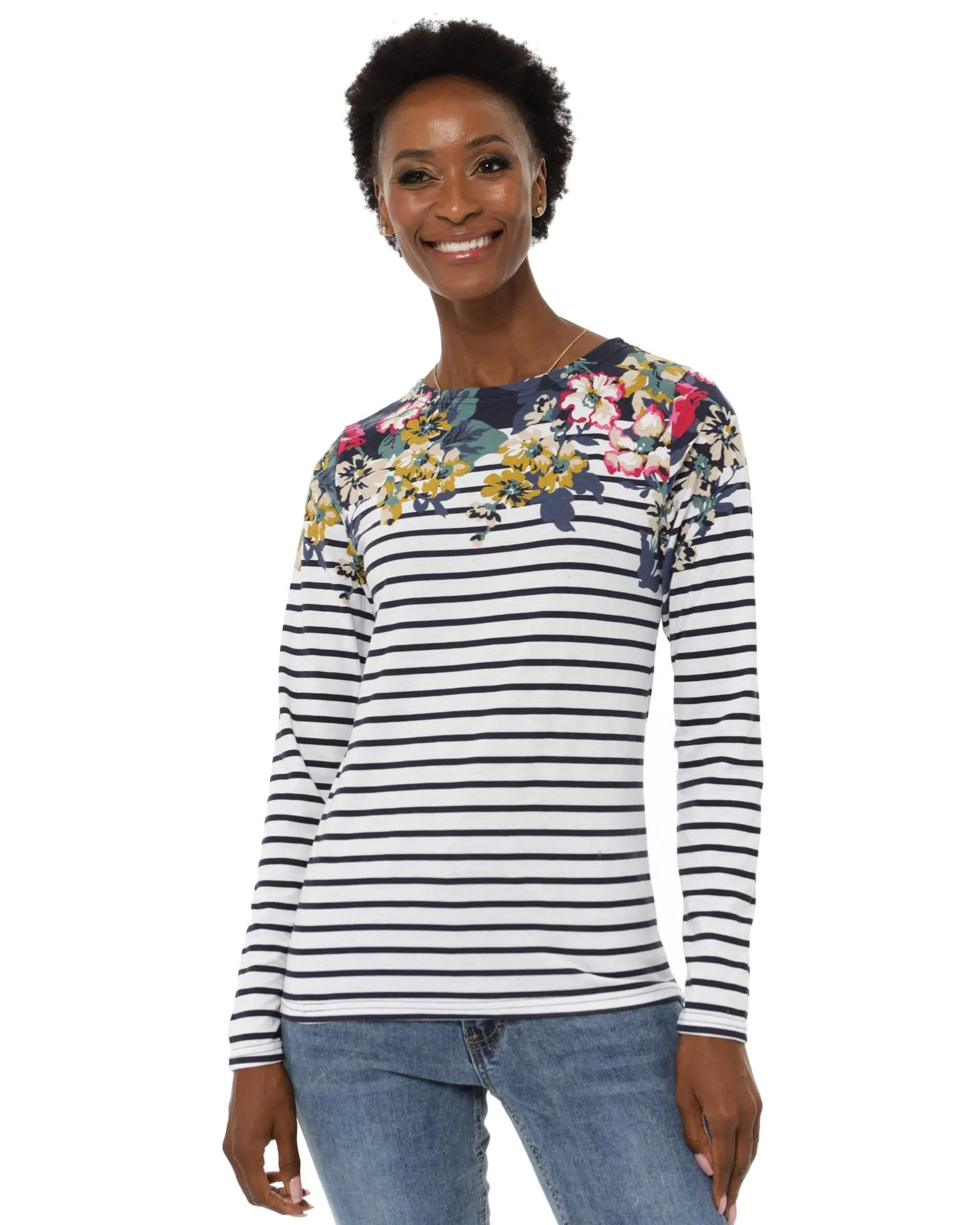 Ladies Striped Floral Tee - Navy sold by Edgars