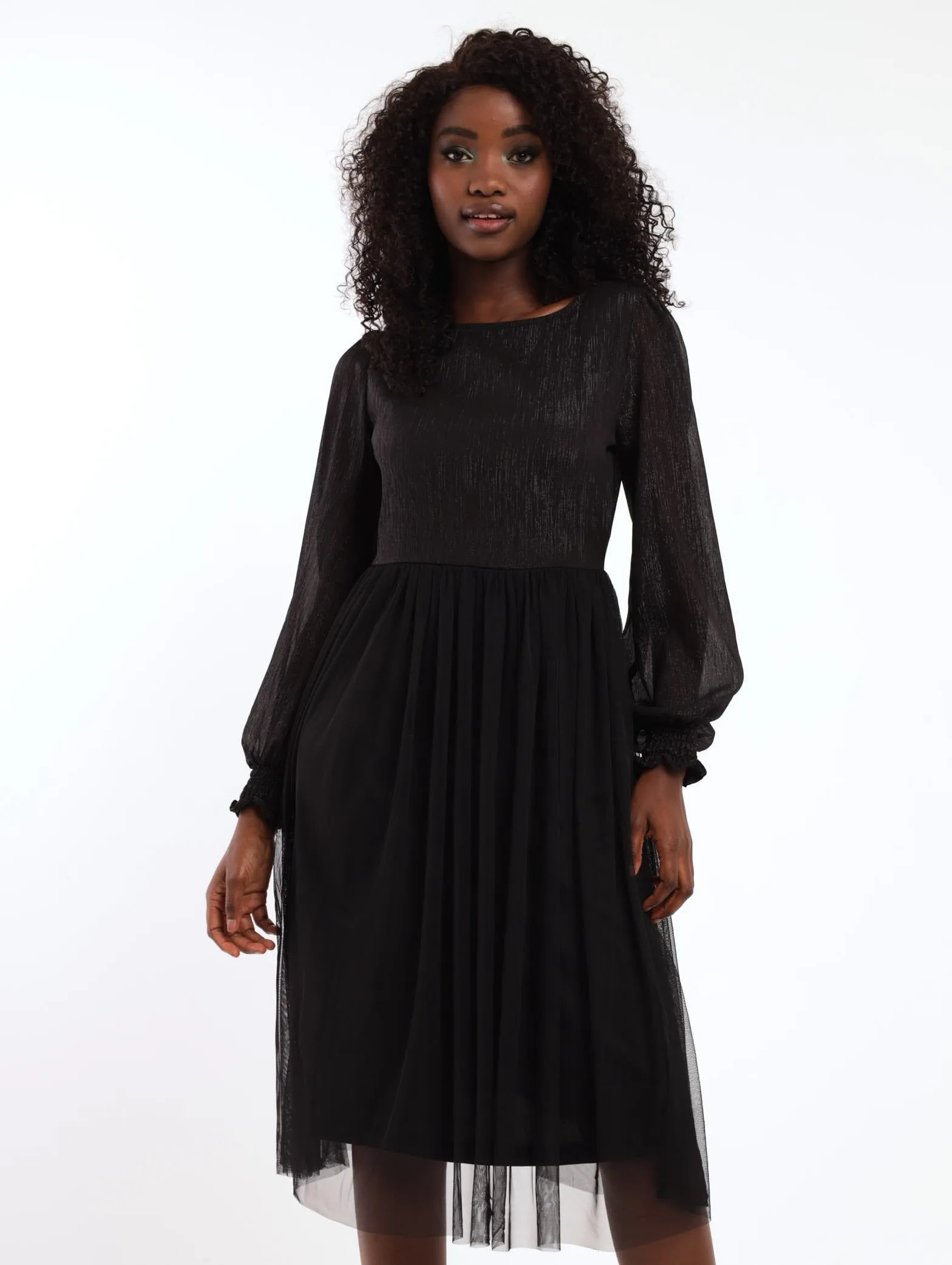 Ladies Shirred Sleeve Lurex Prom Dress - Black sold by Edgars