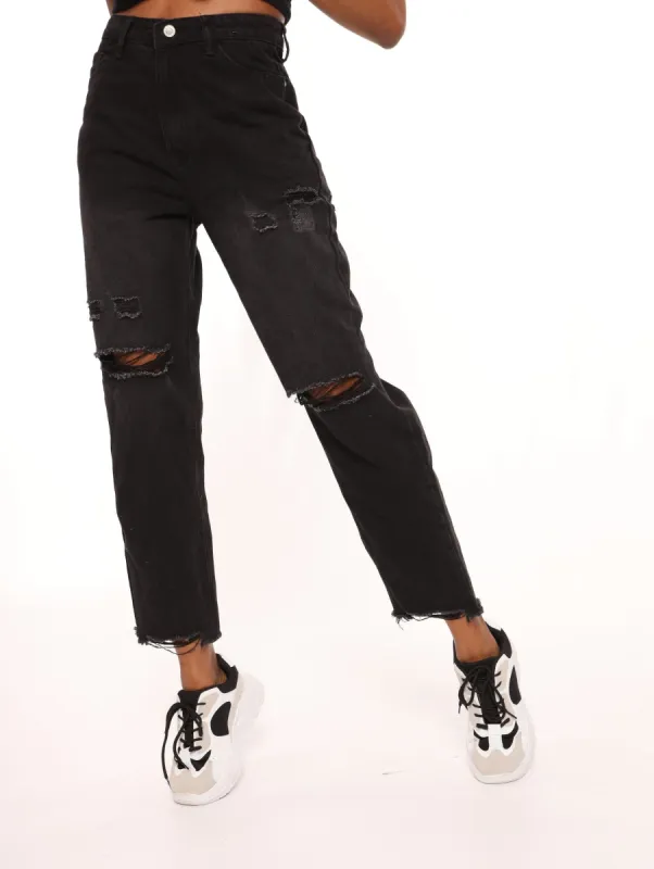 Ladies Black Slash Thigh Mom Jean sold by Edgars