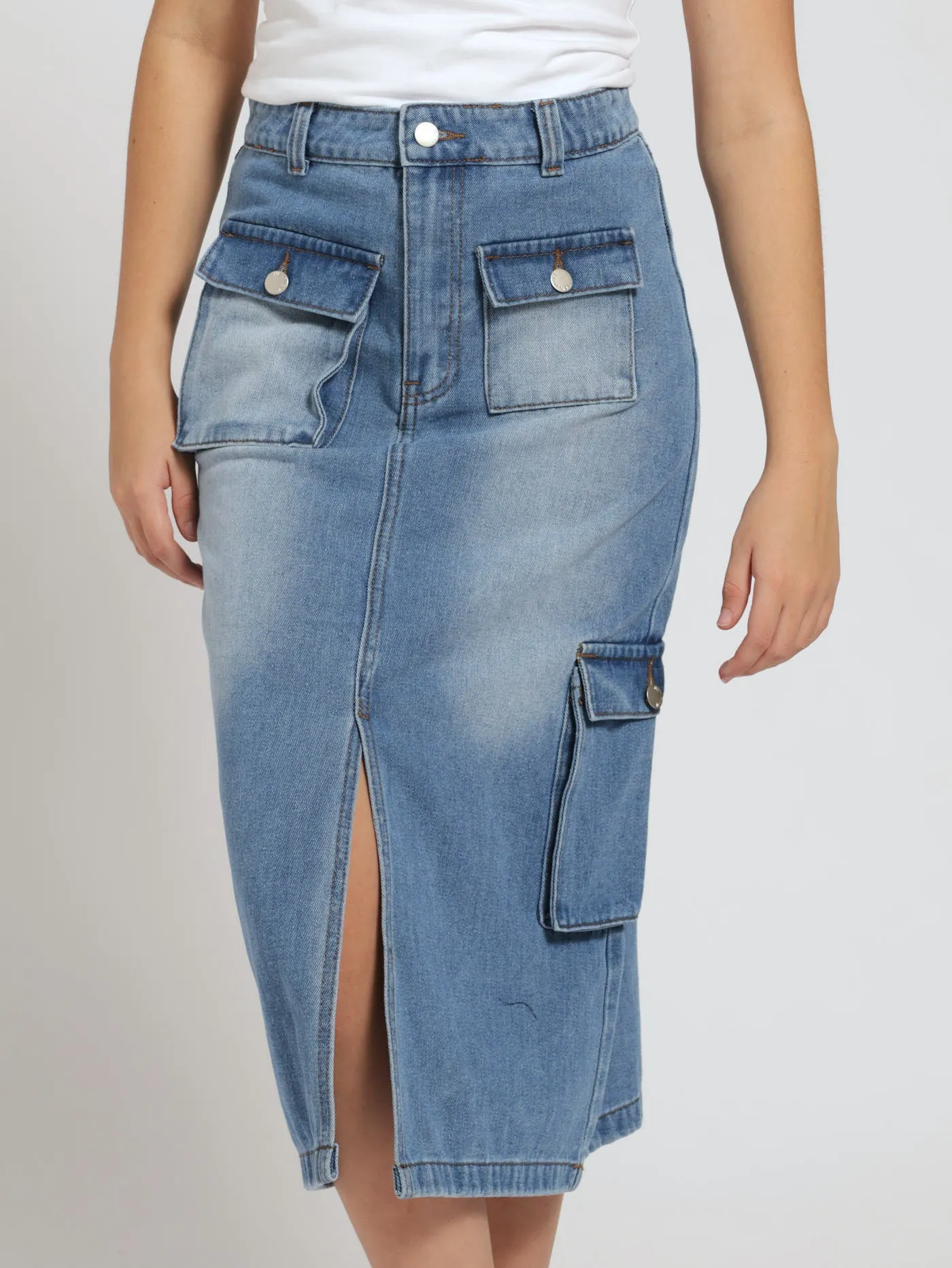 Girls Denim Cargo Maxi Skirt - Mid Blue sold by Edgars