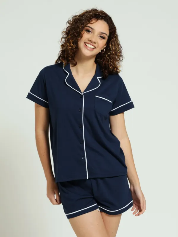 Knit Button Through Shirt & Short Pj Set - Navy sold by Edgars