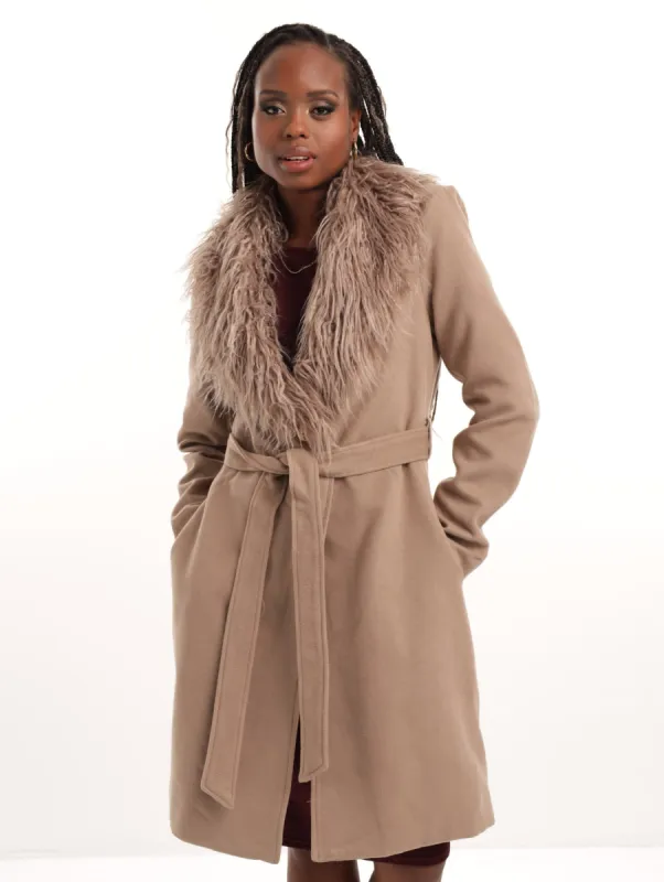 Ladies Shaggy Fur Trim Coat - Tan sold by Edgars
