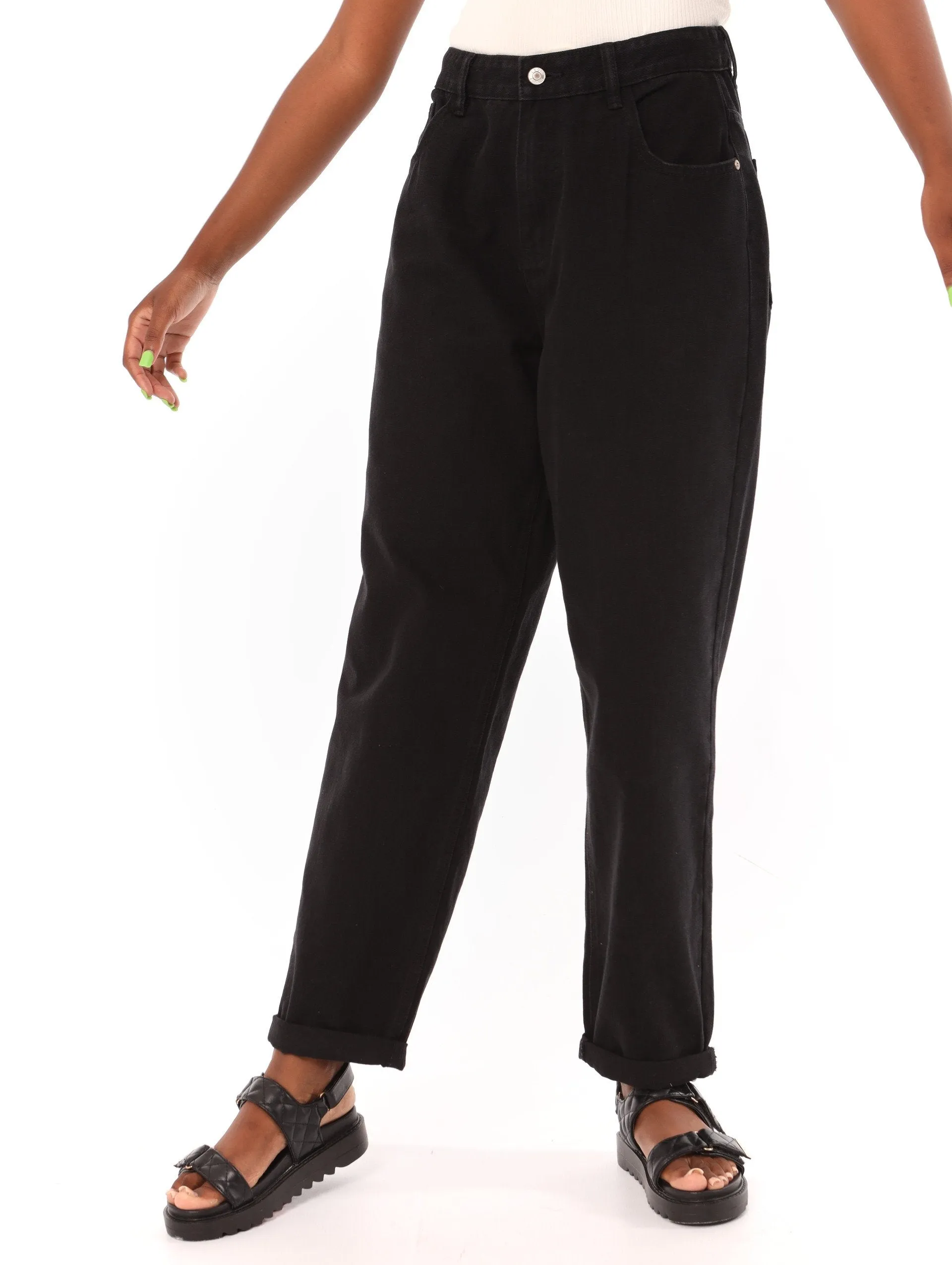 Ladies Black Hi-Rise Slouch Roll Hem Denim Jean sold by Edgars