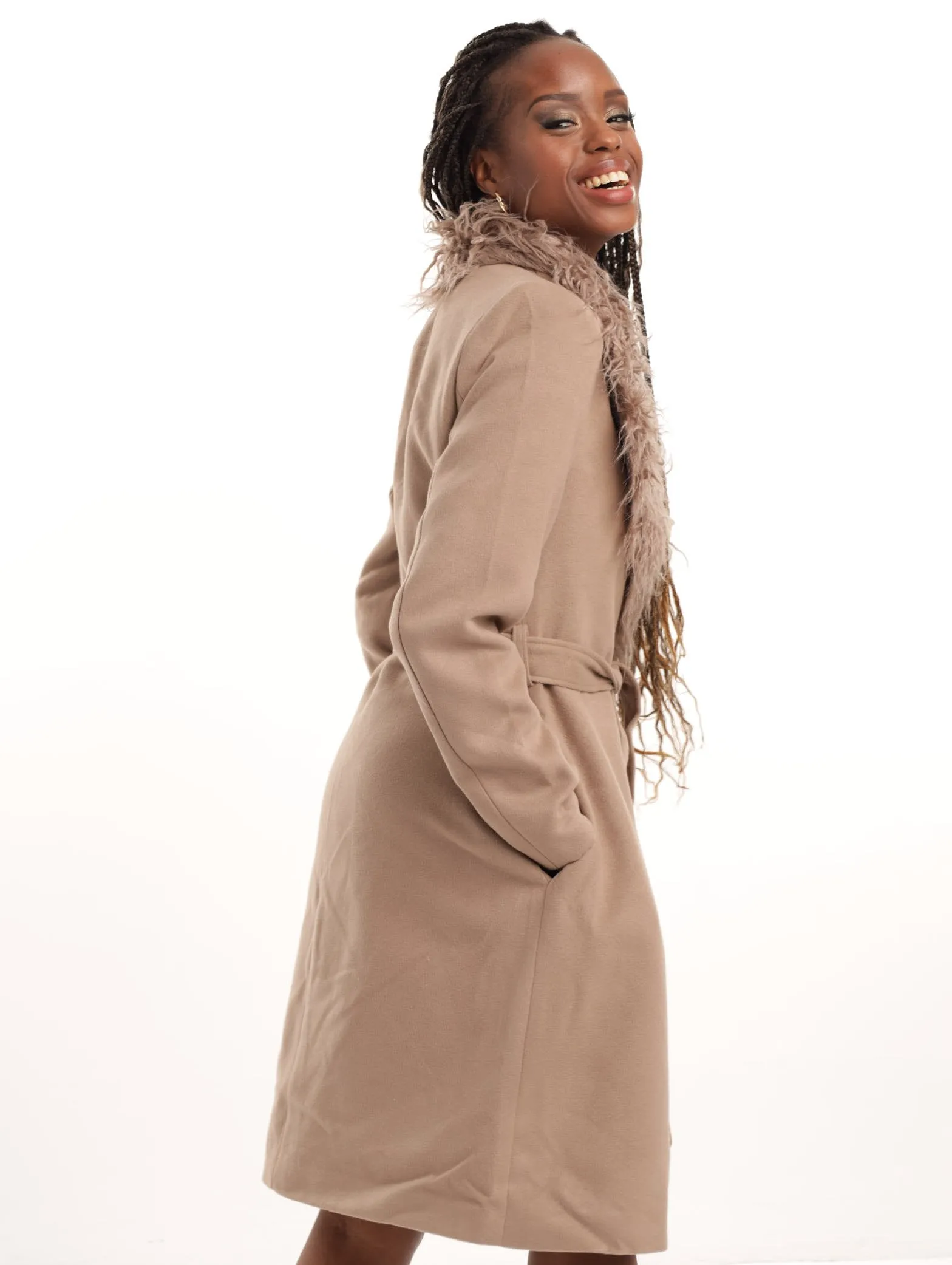 Ladies Shaggy Fur Trim Coat - Tan sold by Edgars product image thumbnail 2