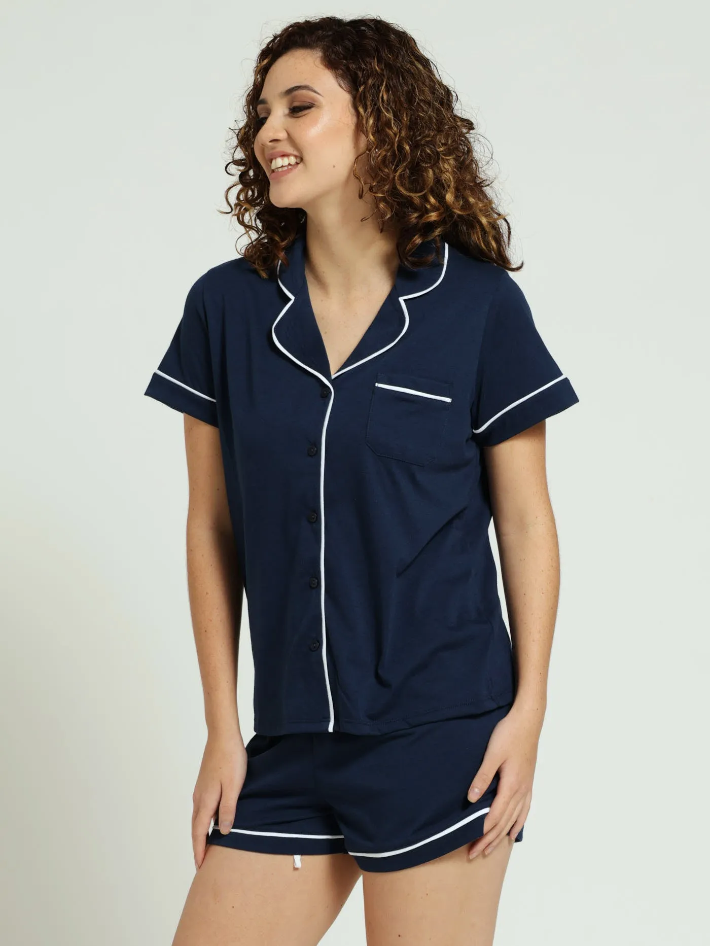 Knit Button Through Shirt & Short Pj Set - Navy sold by Edgars product image thumbnail 3