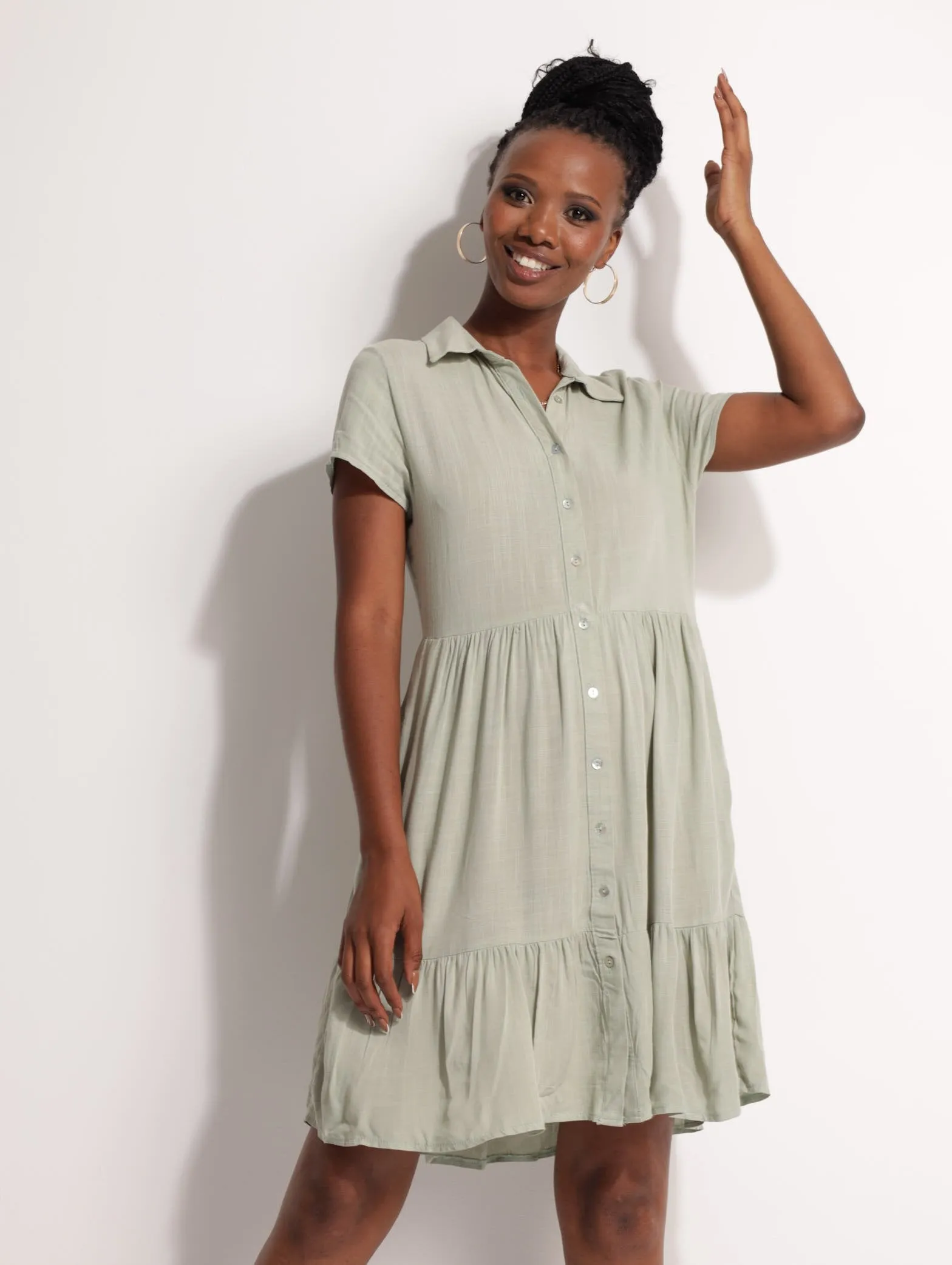 Ladies Short Sleeve Tiered Shirt Dress - Sage sold by Edgars