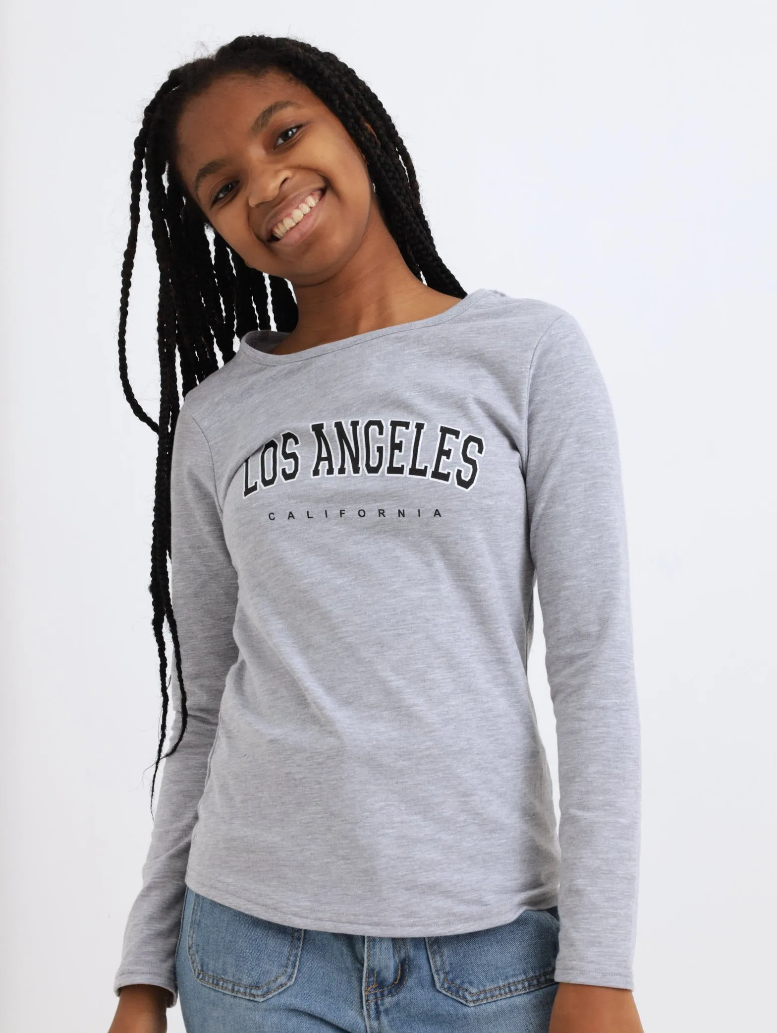 Girls Long Sleeve Los Angel Tee - Grey Melange sold by Edgars