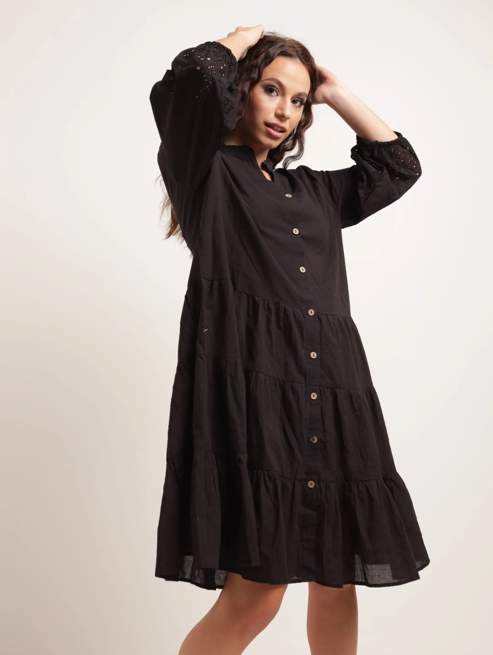 Ladies Anglaise Sleeve Midi Tiered Dress - Black sold by Edgars