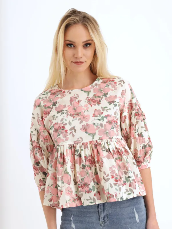 Ladies Printed Cotton Peplum Bubble Sleeve Top - White/Blush sold by Edgars
