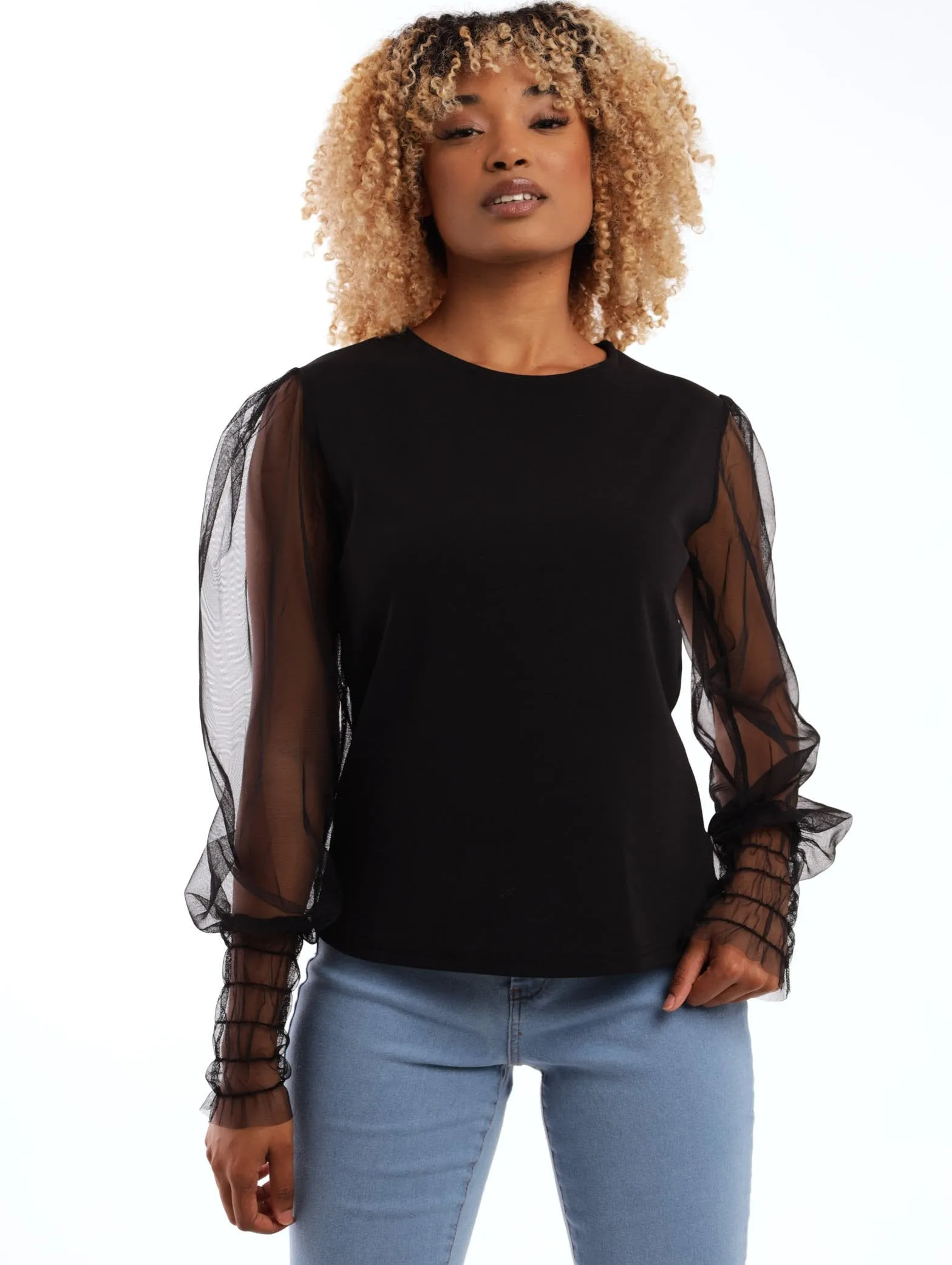Ladies Long Sleeve Mesh Shirred Detail Top - Black sold by Edgars