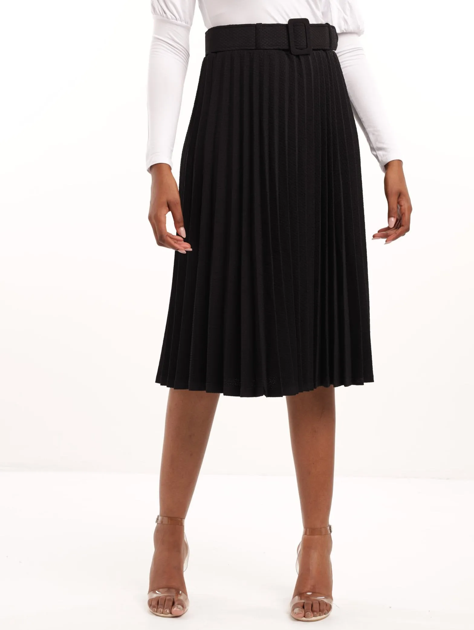 Ladies Sunray Pleated Skirt With Belt - Black sold by Edgars