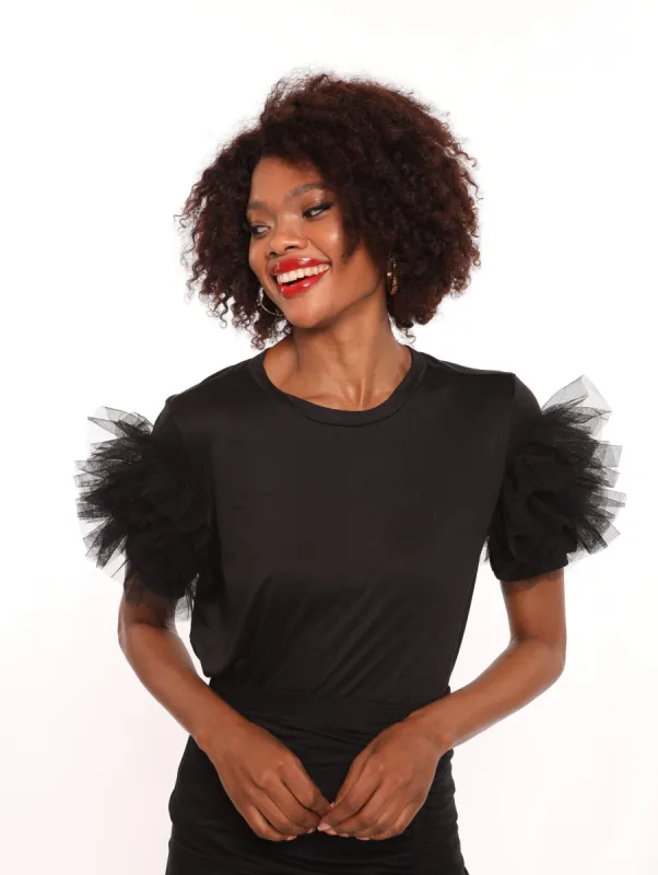 Ladies Mesh Frill Sleeve Top - Black sold by Edgars