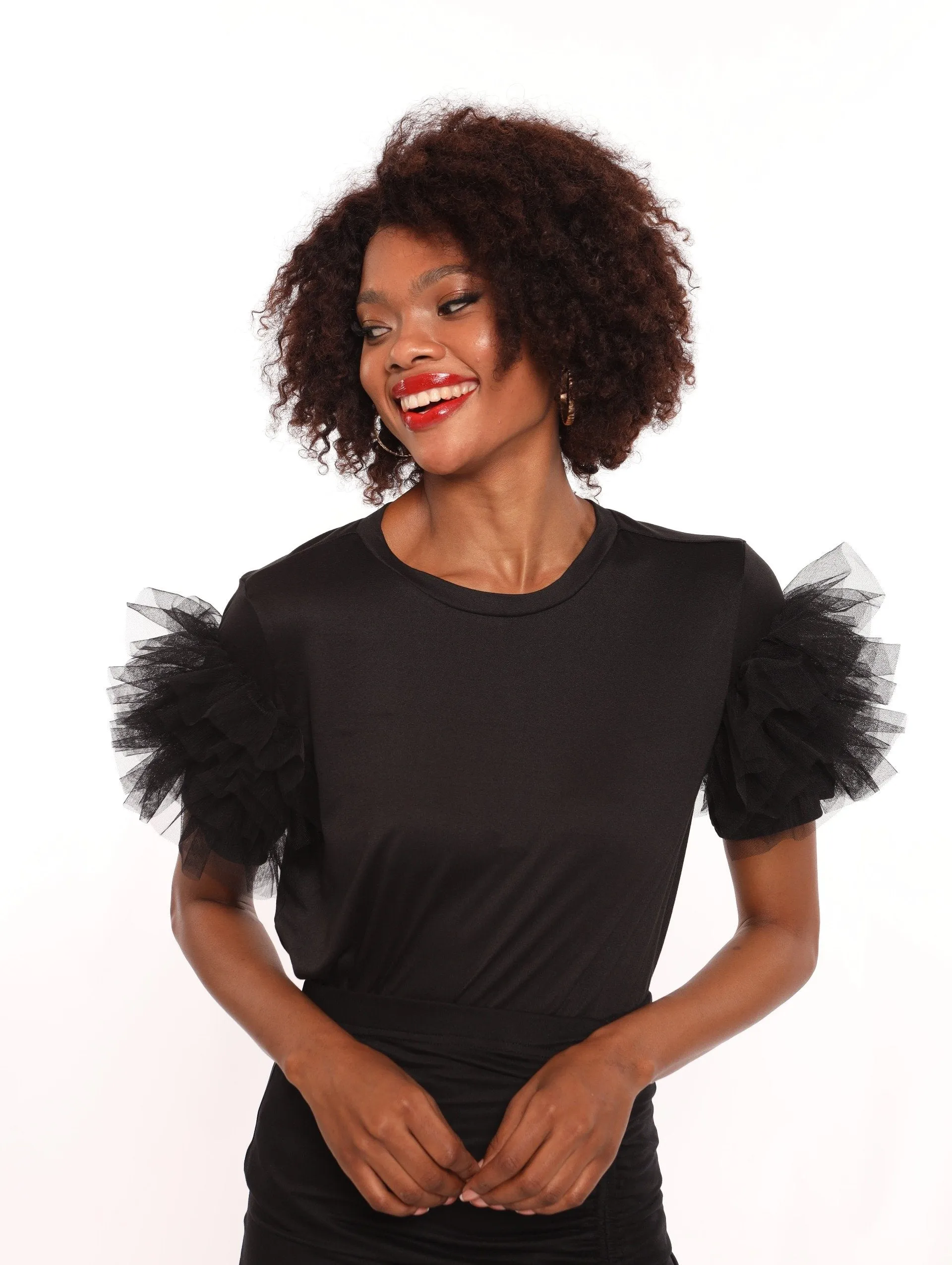 Ladies Mesh Frill Sleeve Top - Black sold by Edgars