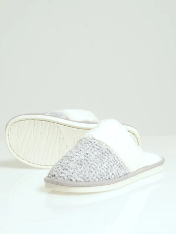 Chenille Closed Toe Slipper With Fur Topline - Light Grey sold by Edgars