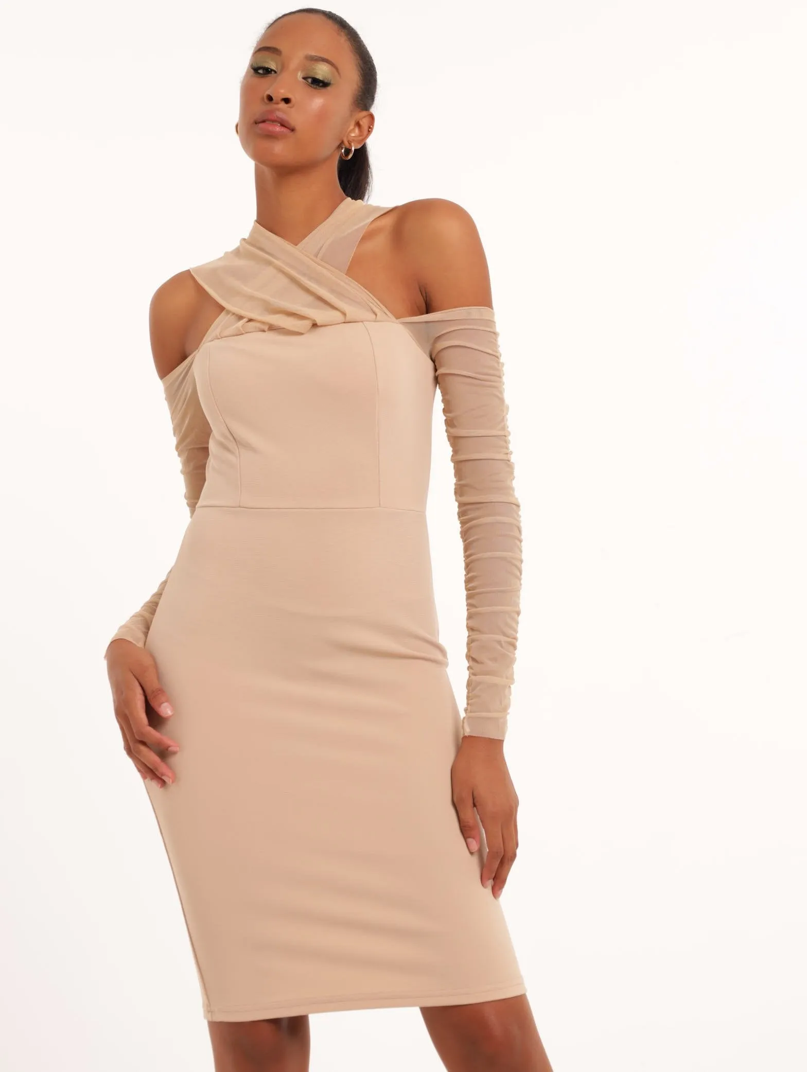 Ladies Off The Shoudler Mesh Sleeve Bodycon Dress - Stone sold by Edgars