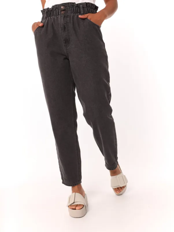 Ladies PaperBag Double Button Mom Jean - Black sold by Edgars