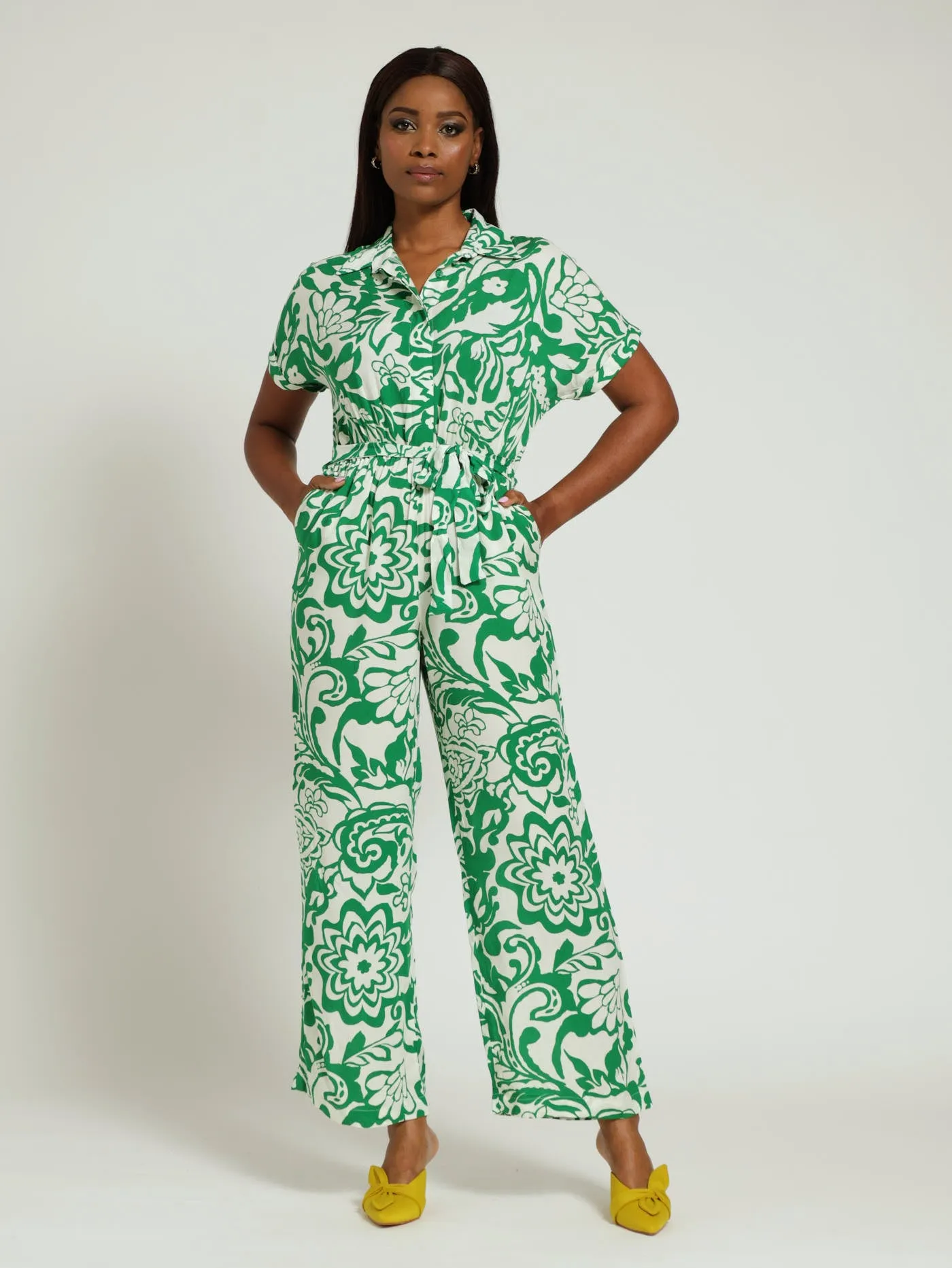 Collared Belted Jumpsuit - White/Green sold by Edgars