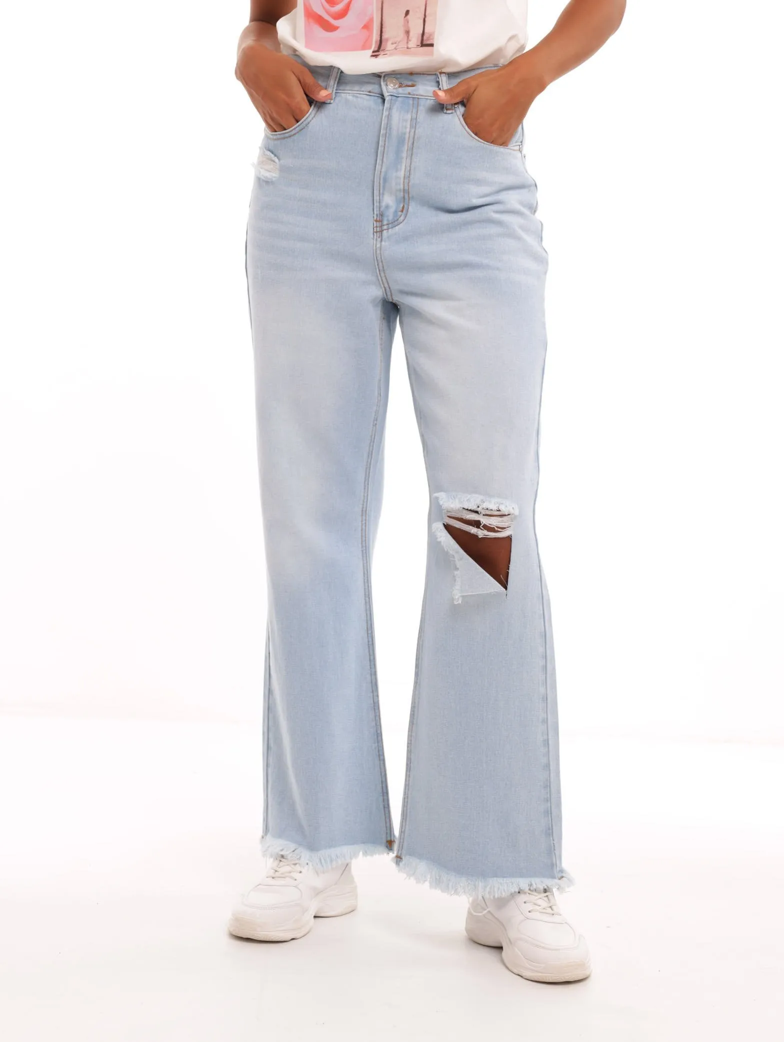 Ladies Flare Leg Denim With Abrasion - Lt Blue sold by Edgars
