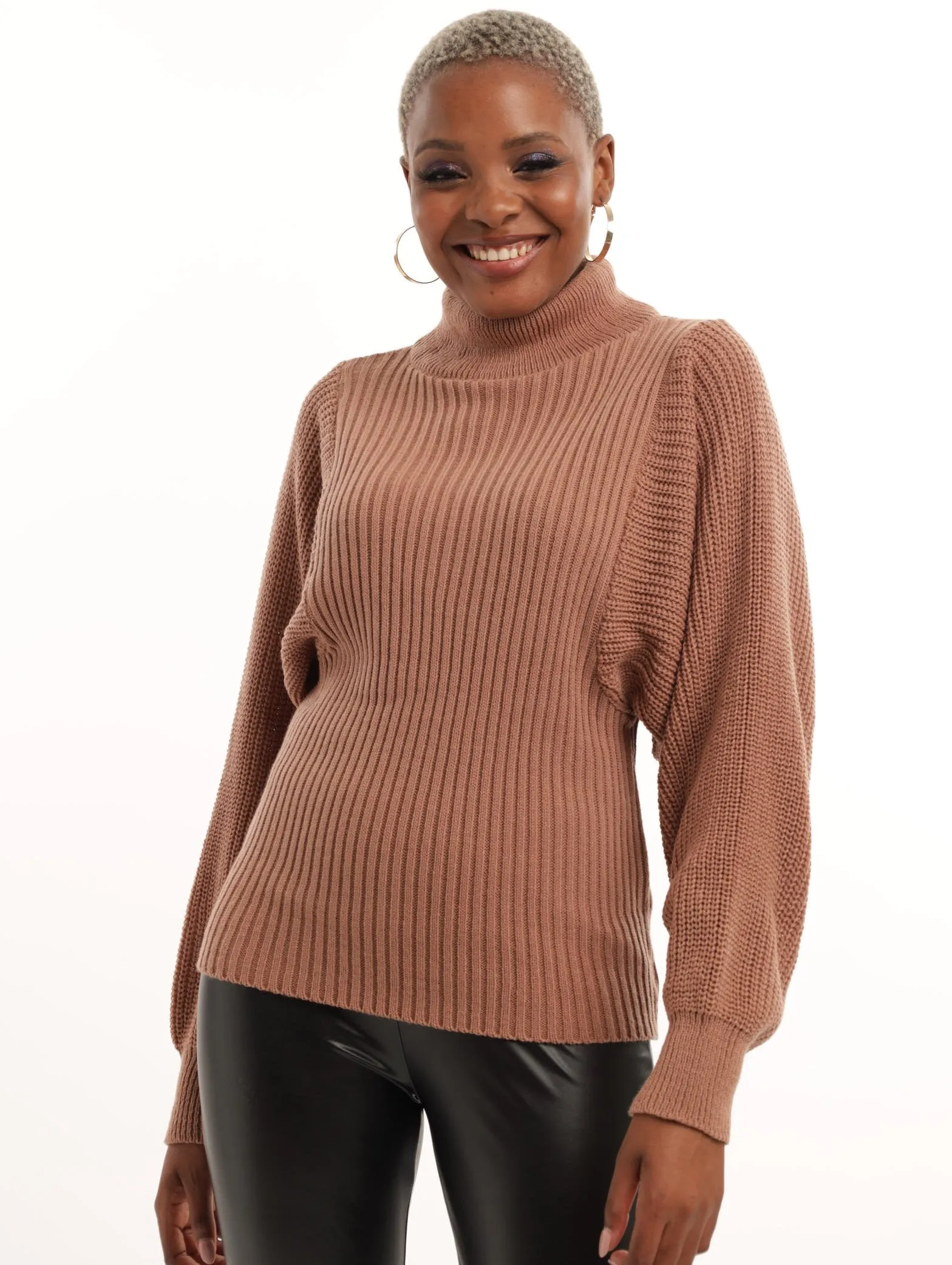 Ladies Funnel Neck Wide Ribbed Pullover - Caramel sold by Edgars
