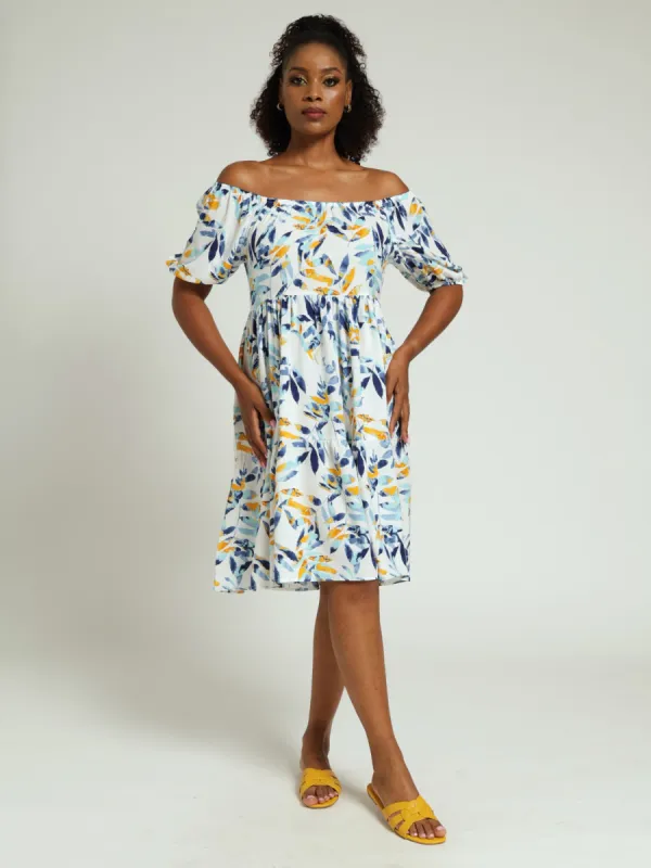 Leaf Printed Tiered Gypsy Midi Dress - White/Blue sold by Edgars