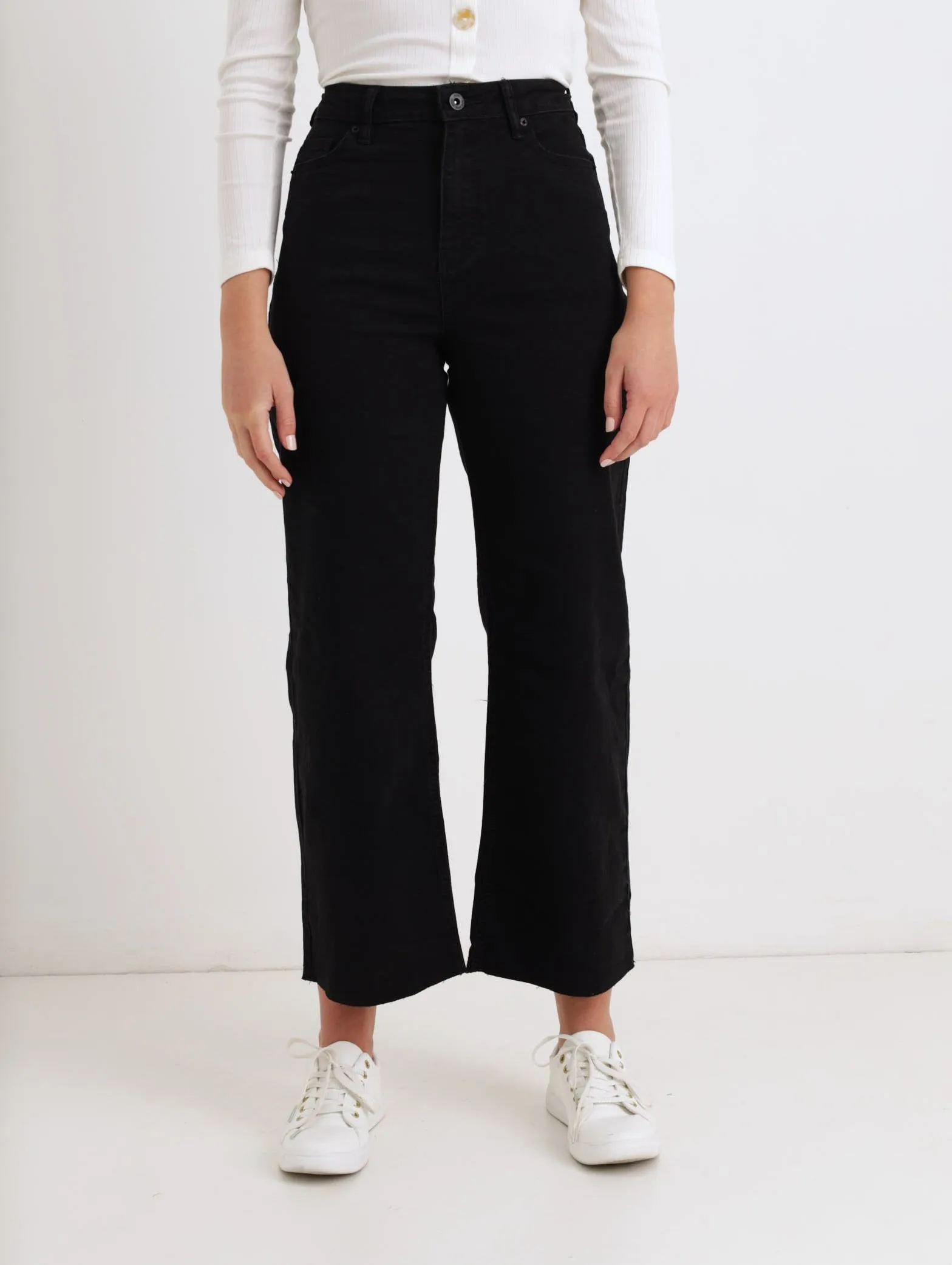 Ladies Black Hi-Waist Wide Frayed Denim Jean sold by Edgars