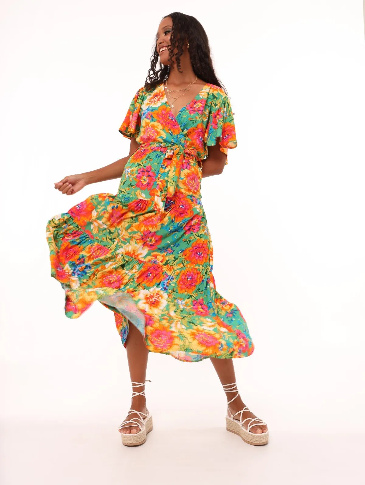 Ladies Bold Floral Wrap Tiered Midi Dress sold by Edgars