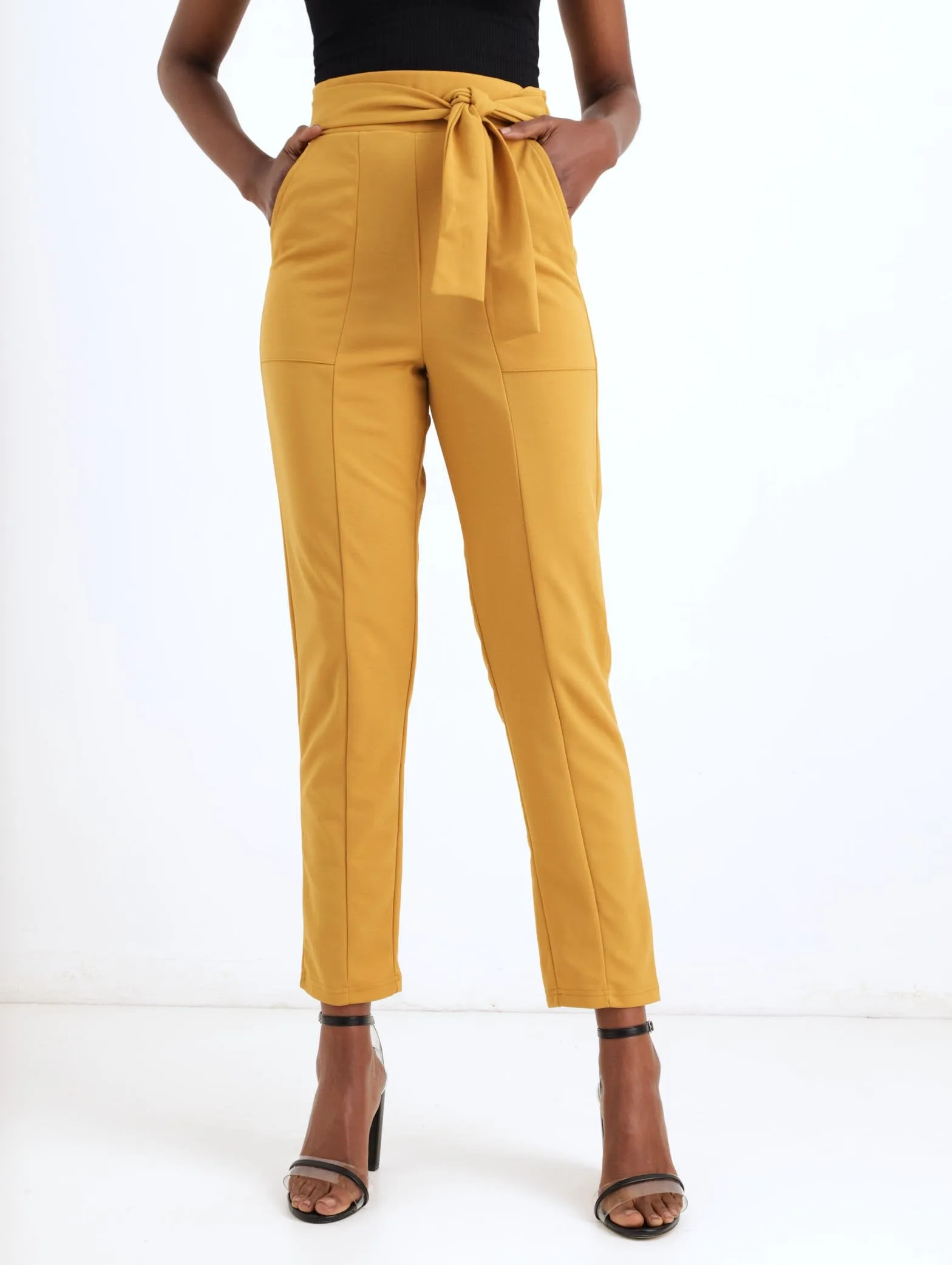 Ladies Belted Large Pocket Knit Pant - Mustard sold by Edgars