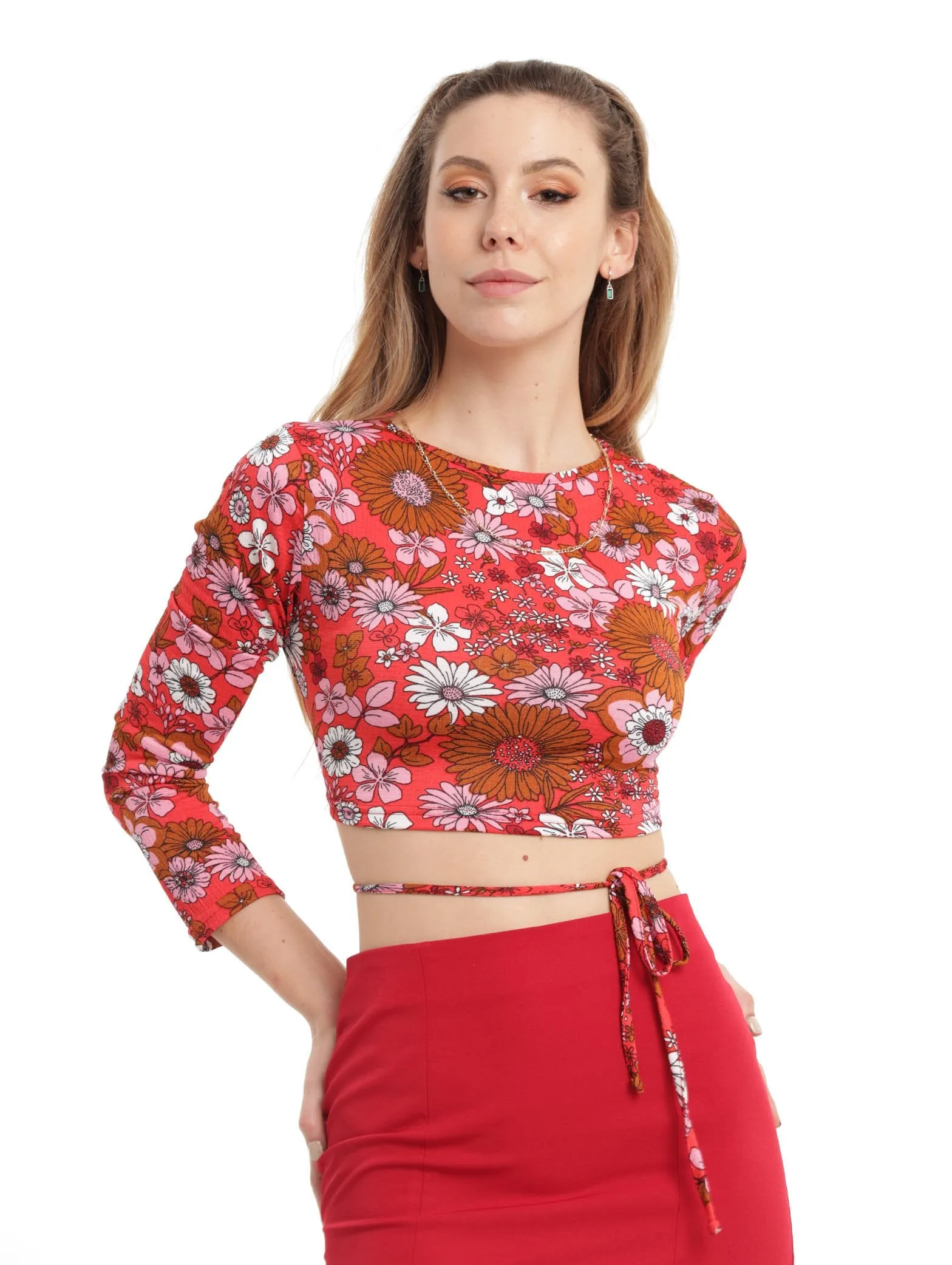 Ladies Long Sleeve Crinkle Floral Top - Red sold by Edgars