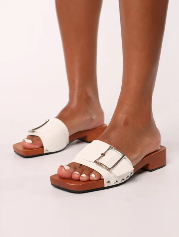 Ladies Buckle Strap Wood Block Heel Mule Sandal - White sold by Edgars