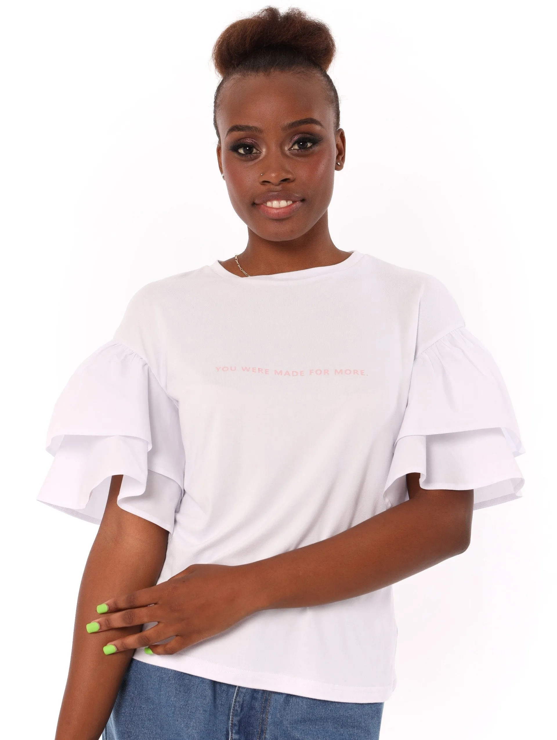 Ladies Poplin Double Frill Sleeve Top - White sold by Edgars