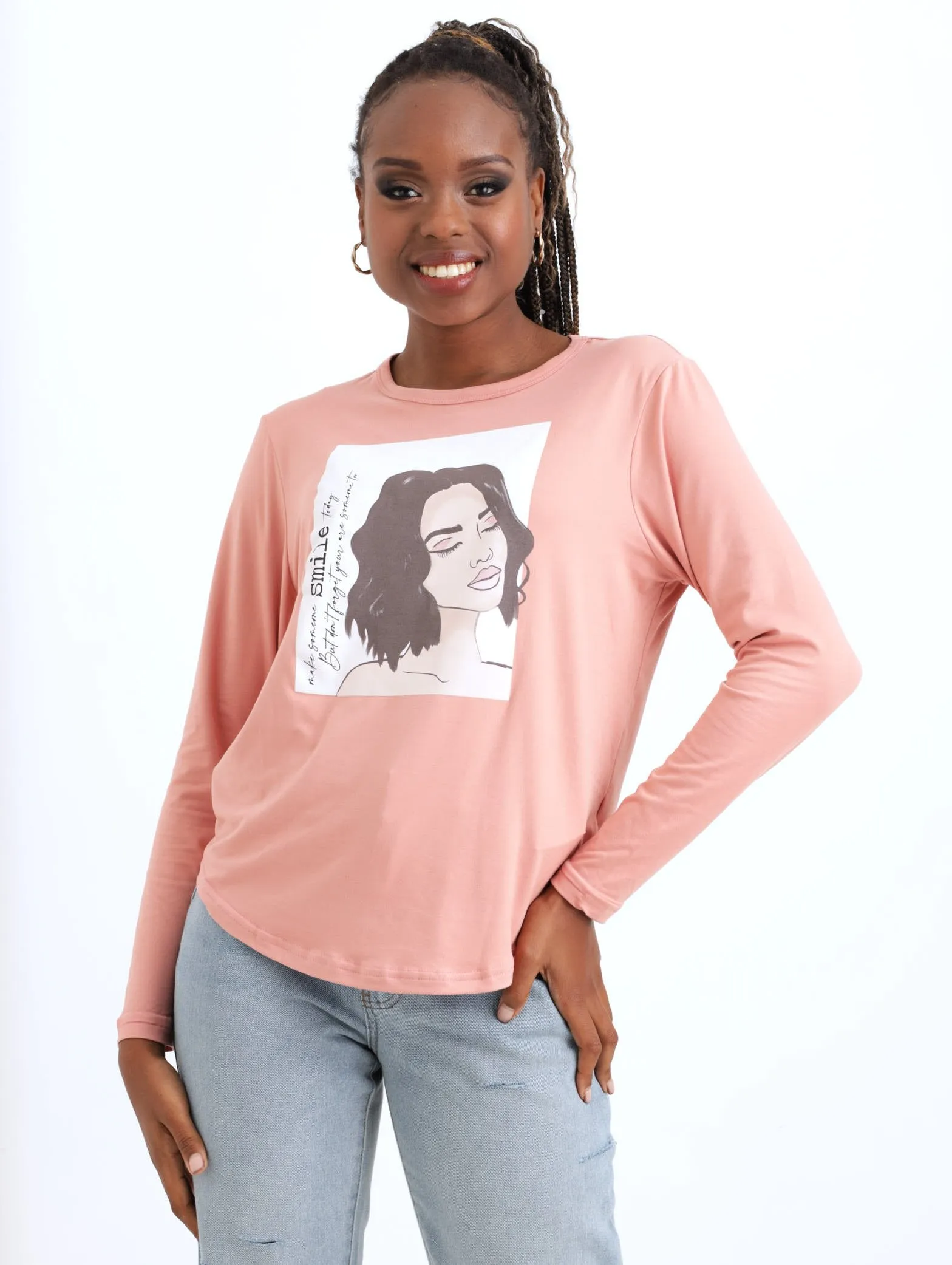 Ladies Long Sleeve Curved Hem Smile Face Tee - Dark Blush sold by Edgars