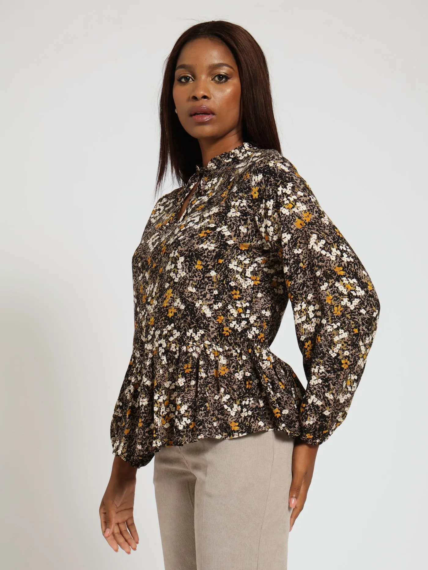 Long Sleeve Frill Neck Peplum Boho Blouse With Tie - Floral sold by Edgars product image thumbnail 2