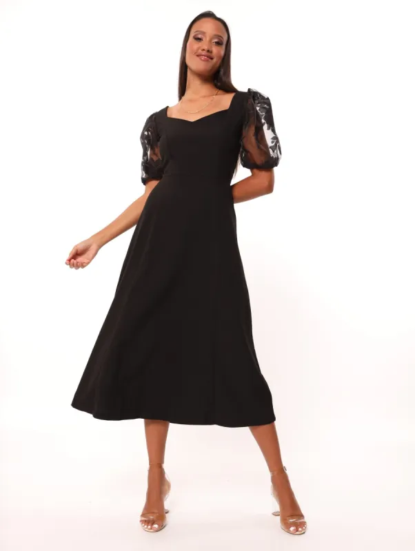Ladies Puff Organza Sleeve Dress  - Black sold by Edgars