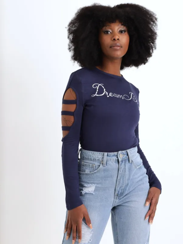 Ladies Long Sleeve Cut Out Tee - Navy sold by Edgars