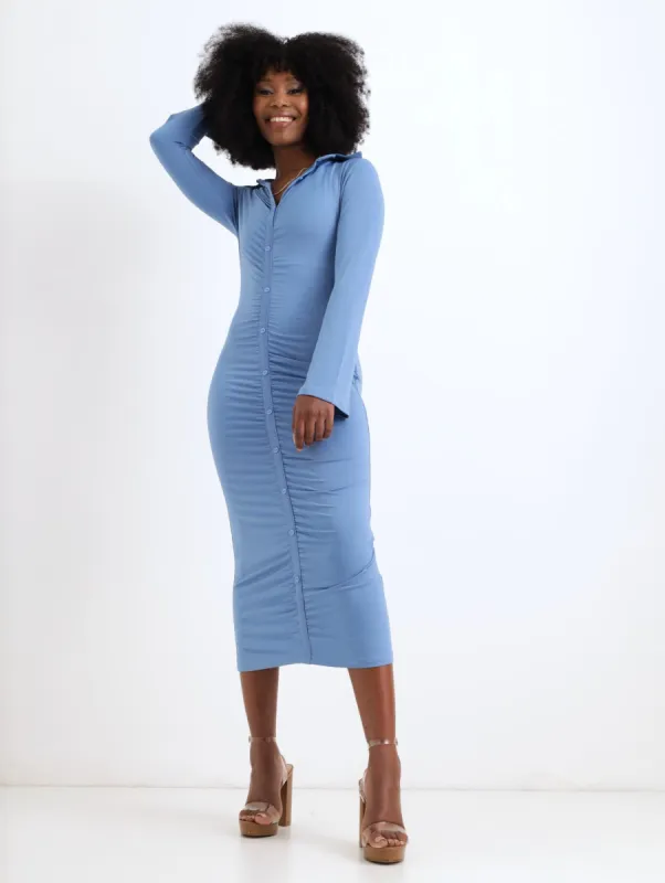 Ladies Button Front Midi Dress - Blue sold by Edgars