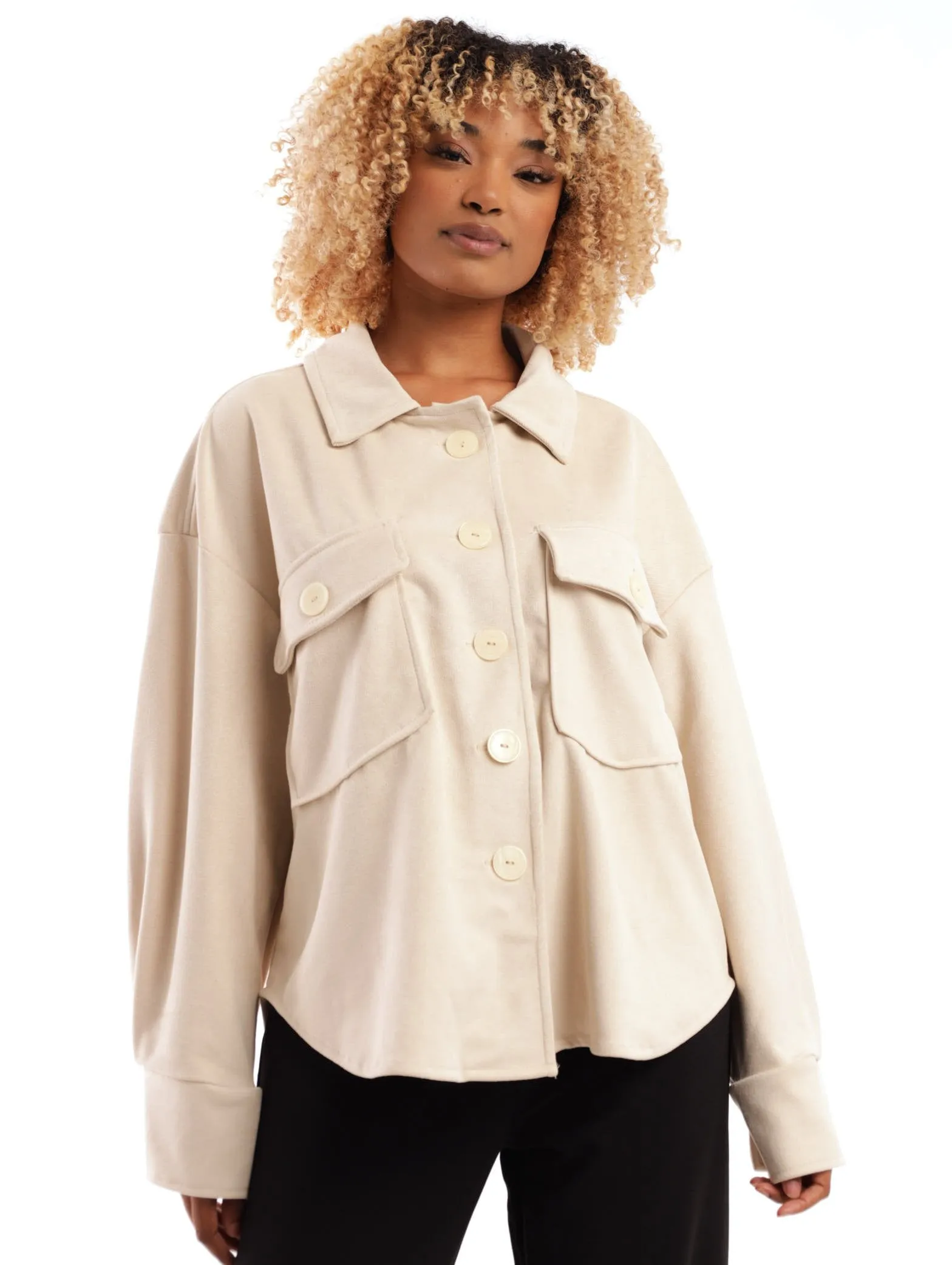 Ladies Suede Twill Shacket With Fancy Buttons - Cream sold by Edgars