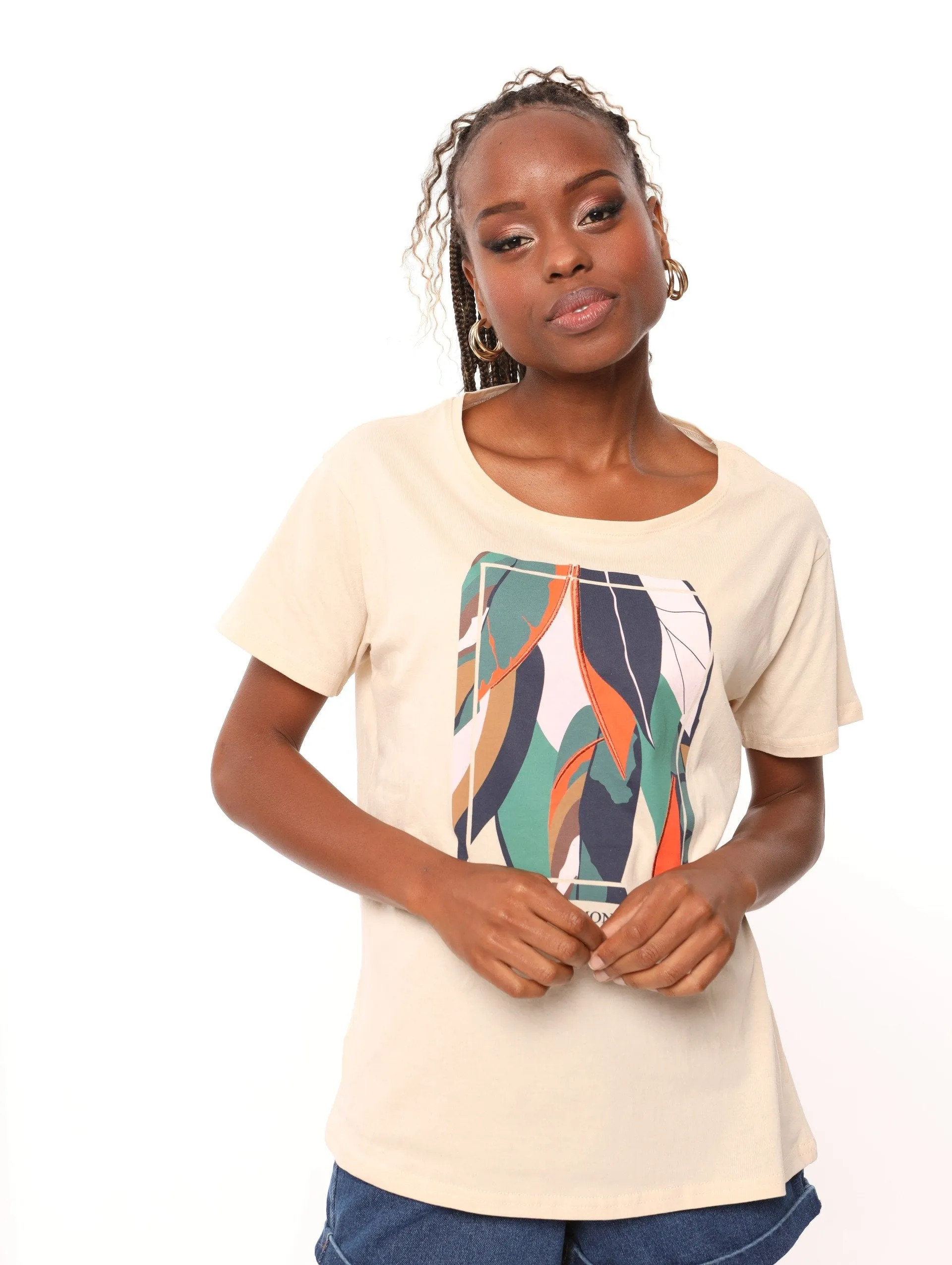 Ladies Mon Amour Leaves Fitted Tee - Cream sold by Edgars