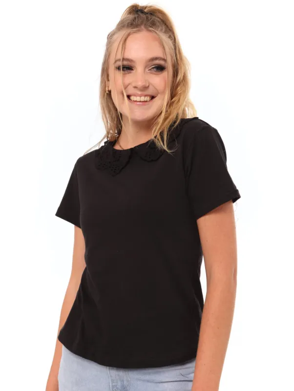 Ladies Lace Peter Pan Tee - Black sold by Edgars
