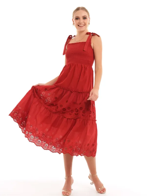 Ladies Shirred Anglaise Tiered Midi Dress - Rust sold by Edgars