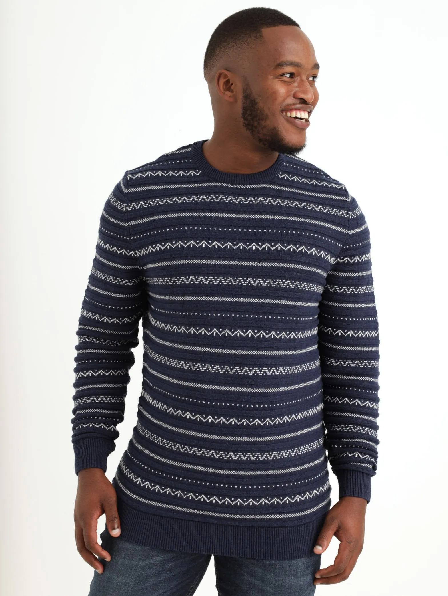 Men's Jaquard Crew Knitwear Top - Navy sold by Edgars