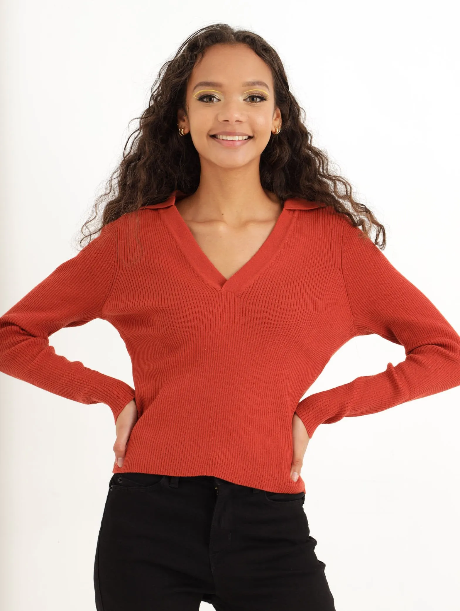 Ladies Collar Button Up Jersey - Rust sold by Edgars