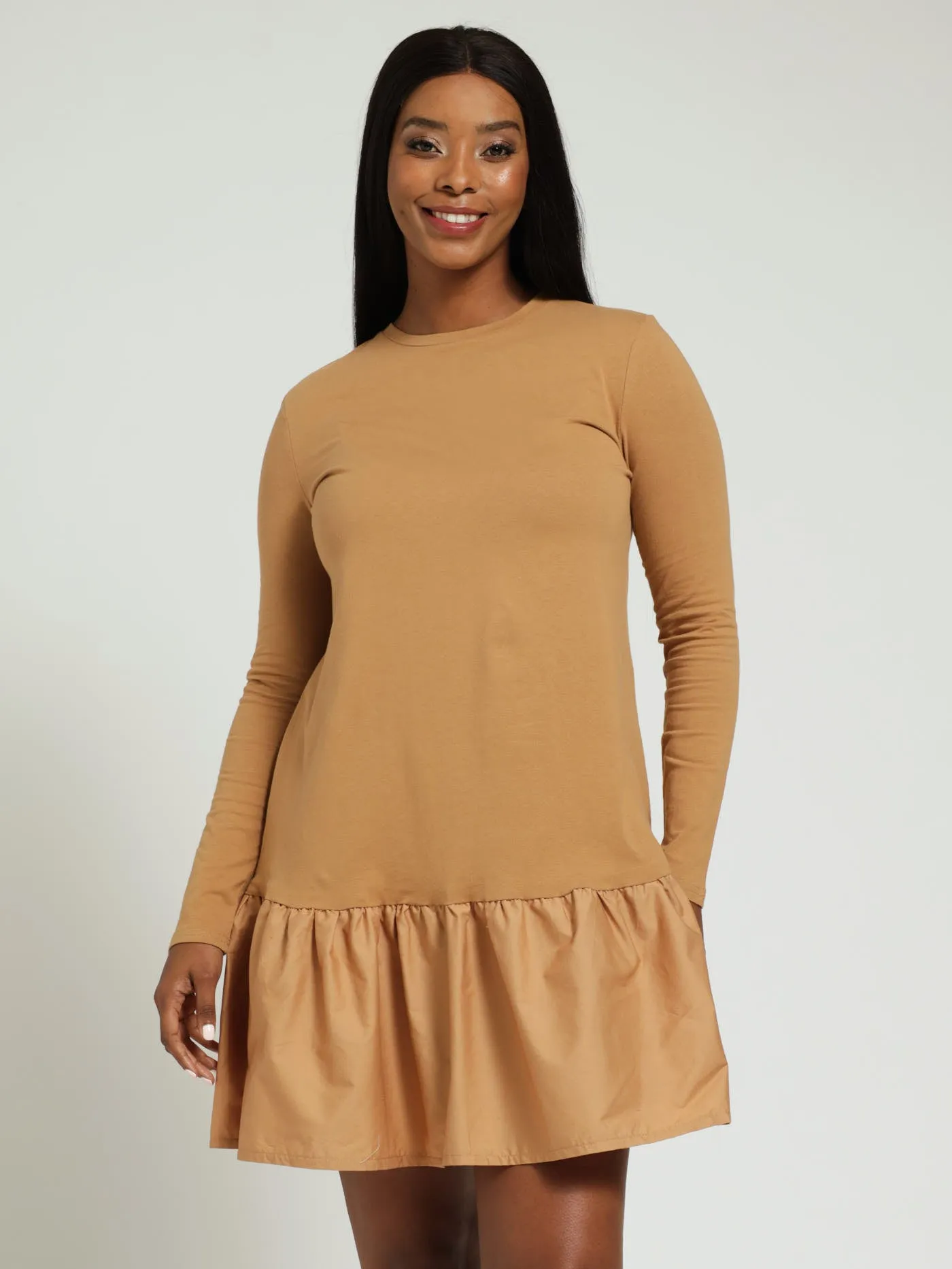 Long Sleeve Drop Hem Combo Mini Dress - Brown sold by Edgars product image thumbnail 3