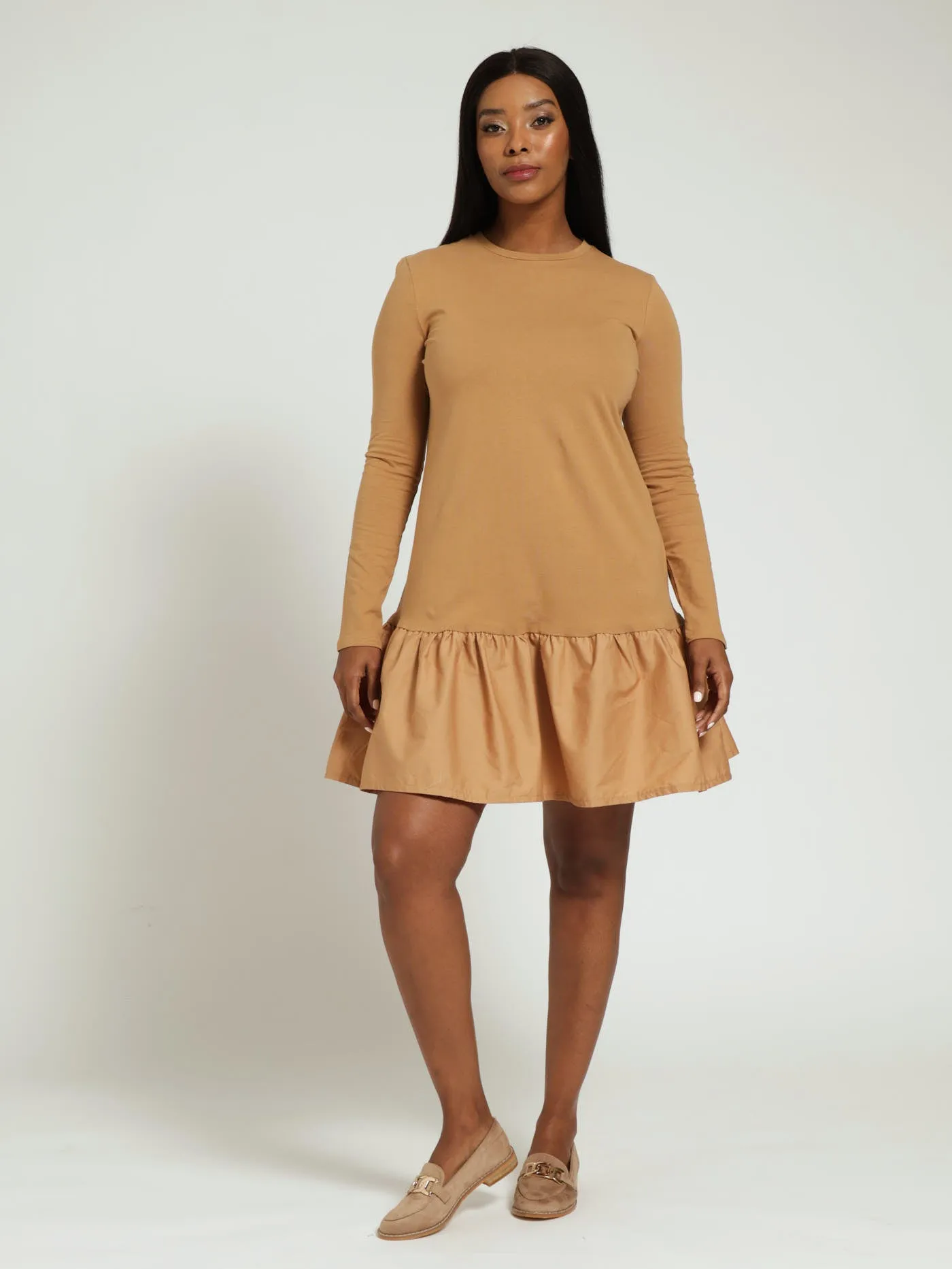 Long Sleeve Drop Hem Combo Mini Dress - Brown sold by Edgars